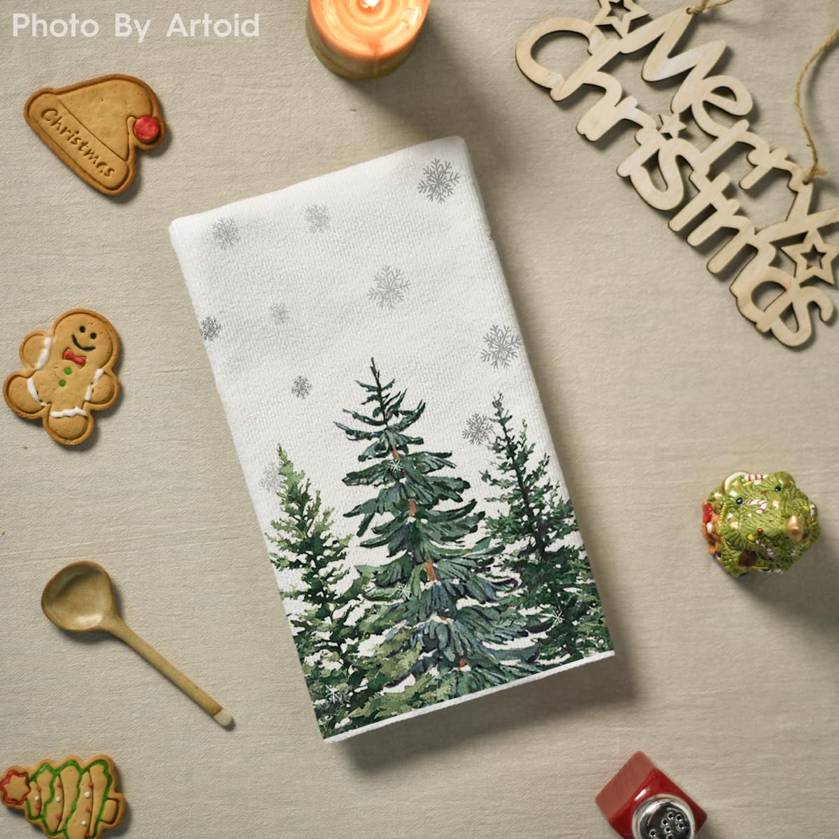 Artoid Mode Hello Snowflakes Winter Kitchen Towels - Set of 2 Christmas Pine Tree Decorated Dish Towels (18x26 Inch) | Holiday Home Decor, Festive Kitchen & Dining Accessories