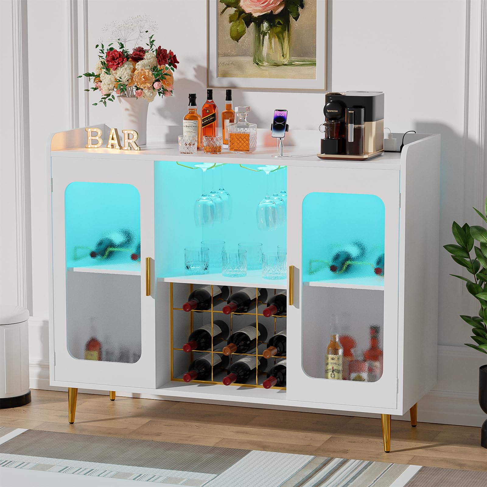 White Liquor Cabinet Bar with Power Outlet & LED Lights - Wine Storage Cabinet with Glass Rack, Home Coffee Bar, Kitchen Buffet Sideboard with Storage Shelf - Perfect for Dining Room, Home Bar Setup & Entertaining Guests