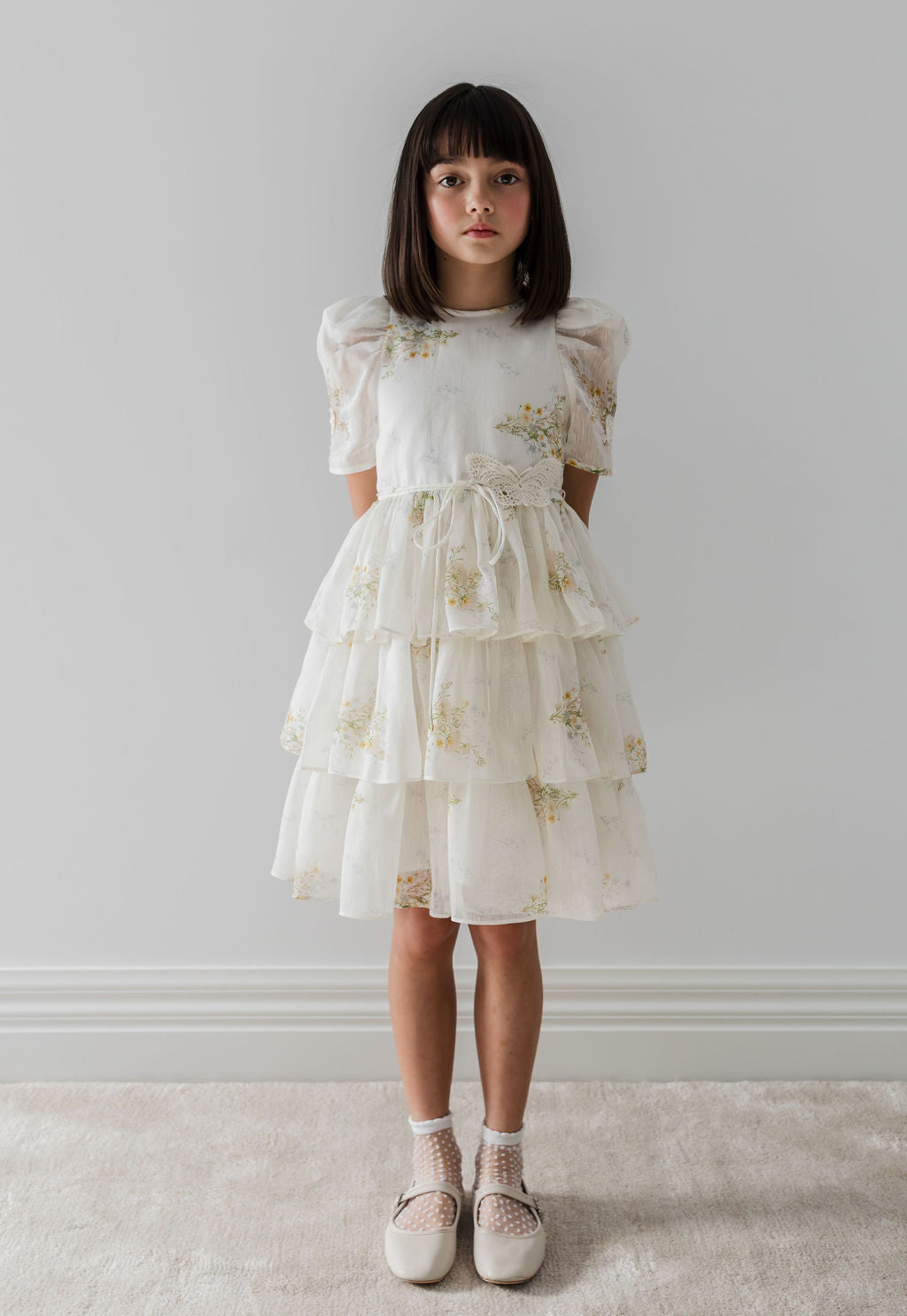 Petite Amalie Elbow Sleeve Floral Butterfly Print Dress for Women | Spring Meadow Flowy Midi Dress | Perfect for Garden Parties, Brunch Dates & Summer Weddings