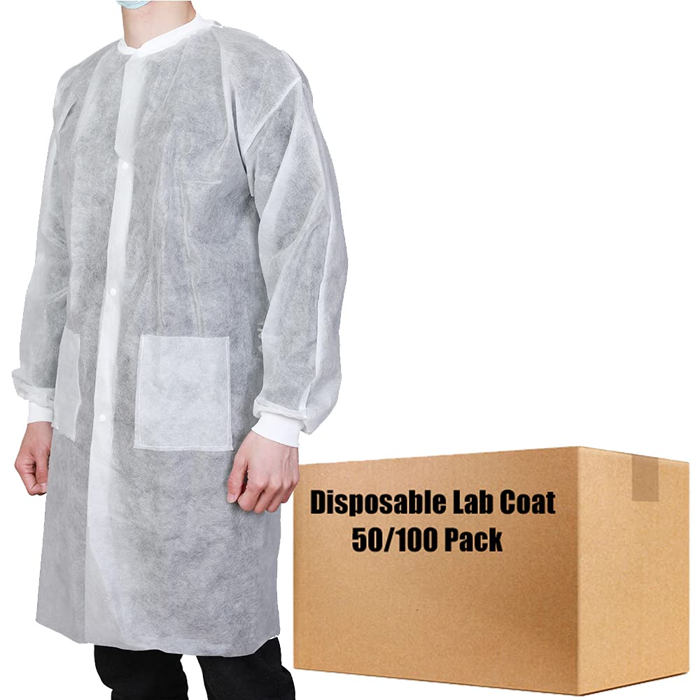 Greenour Disposable Lab Coats with Pockets - Case of 50 White Lab Coats for Adults (Sizes Small to XX-Large) - Knitted Collar & Cuffs - Ideal for Medical, Laboratory, and Cleanroom Use