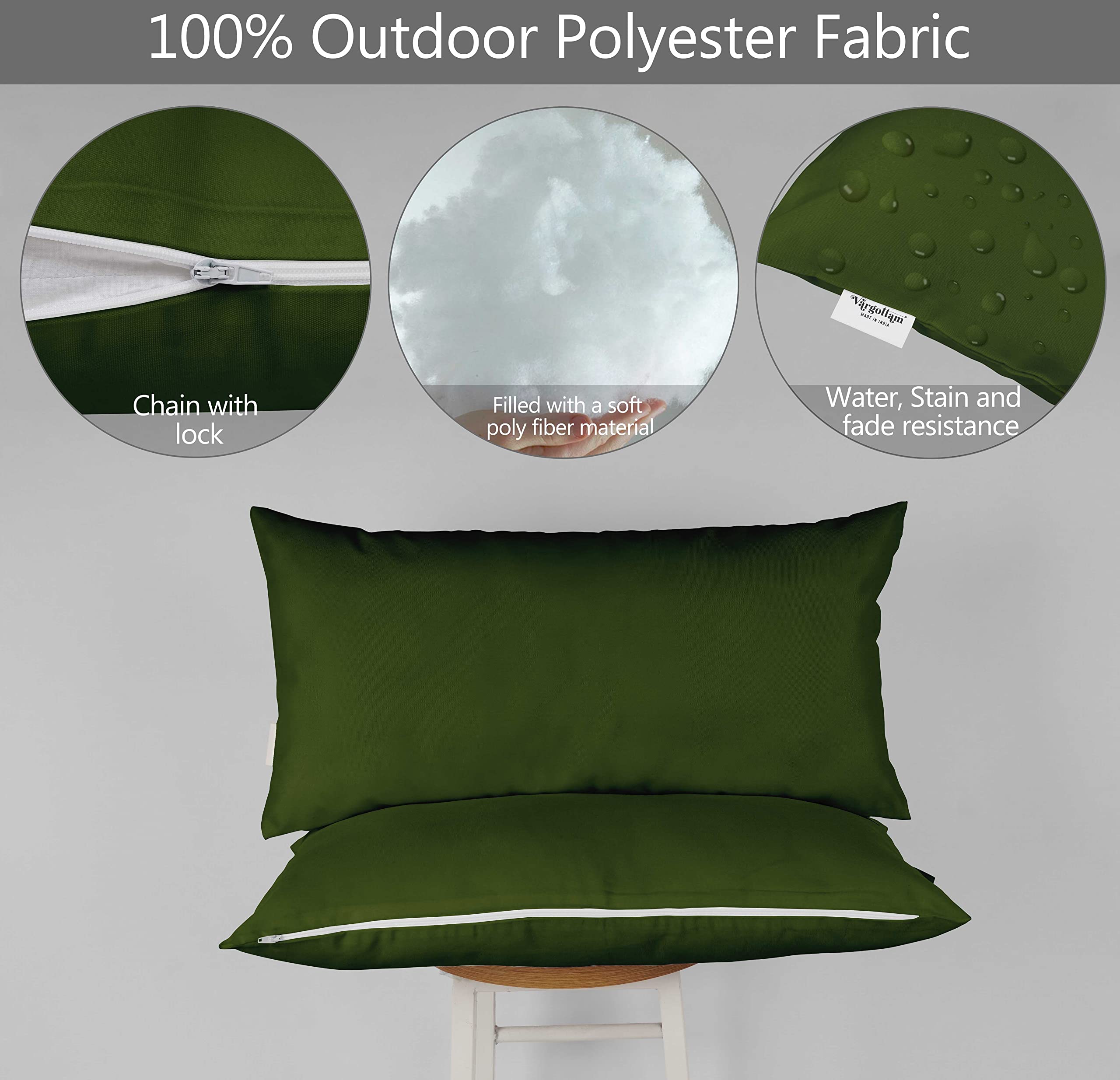 Waterproof All-Weather Polyester Lumbar Pillow with Insert - Indoor/Outdoor Decorative Throw Pillow for Patio Furniture (Set of 2, Dark Green) - Perfect for Sofa, Garden, Deck & Poolside Relaxation