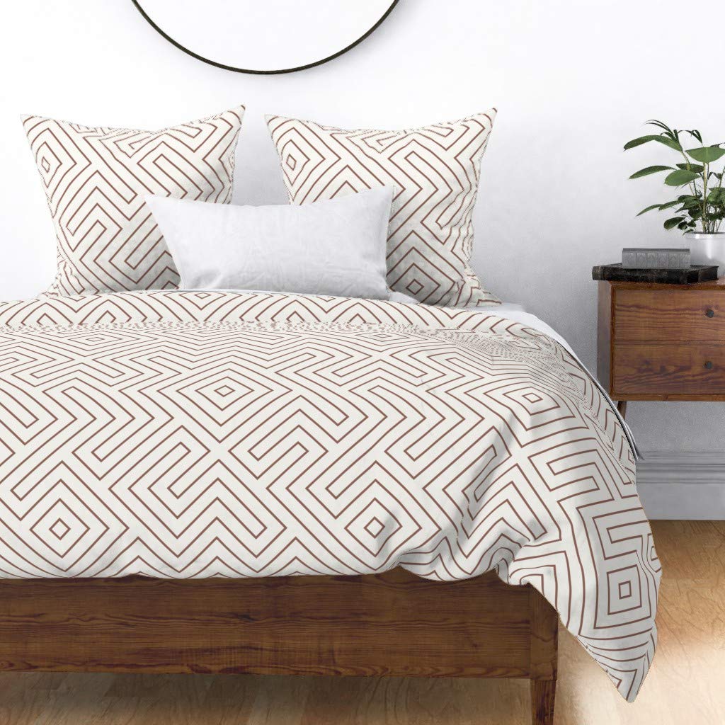 Custom Spoonflower Cotton Sateen Duvet Cover - Twin Size Tribal Copper Cream Tile Lines Boho Print Bedding Set for Bohemian Bedroom Decor