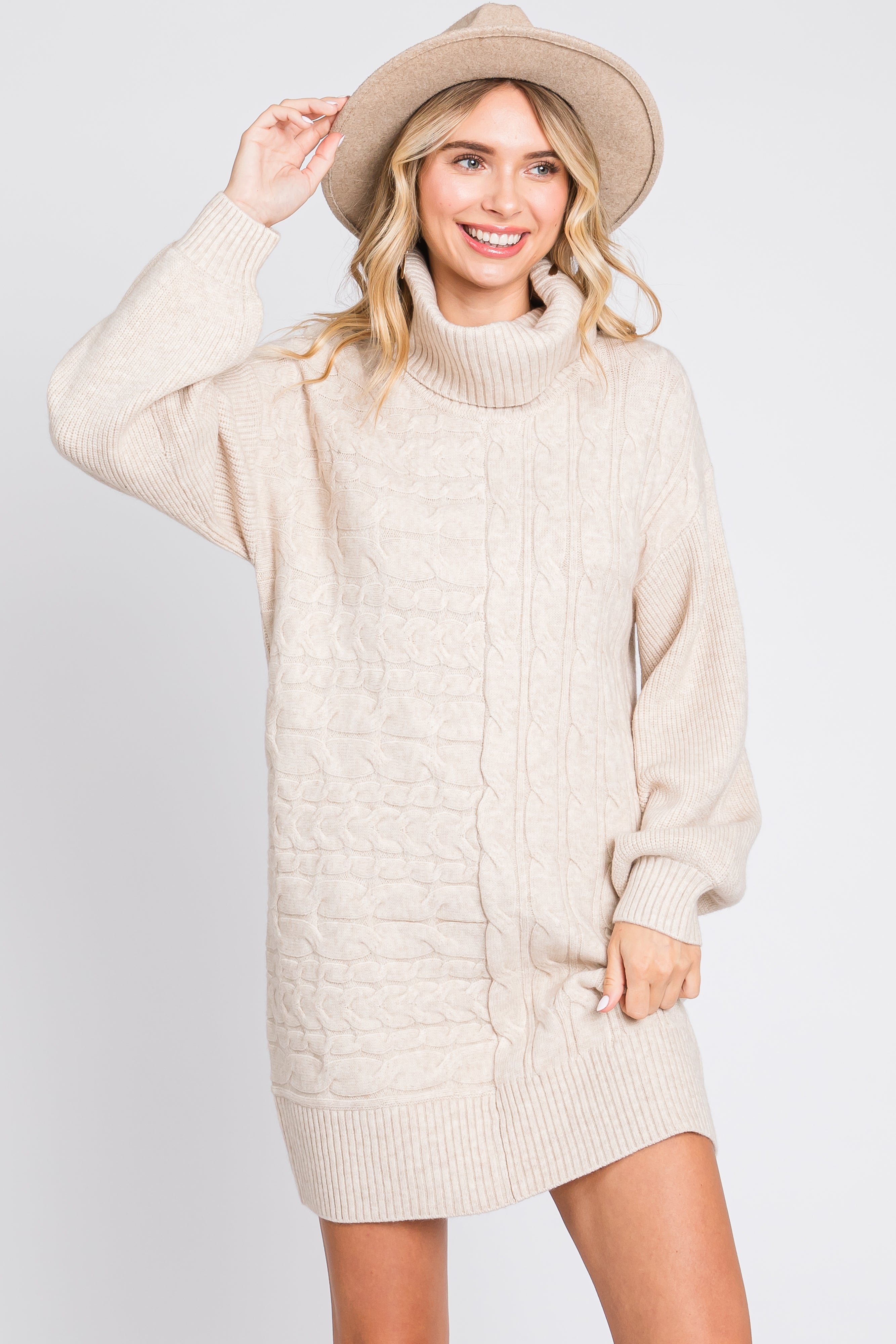 Beige Cable Knit Mini Sweater Dress for Women - Cozy Winter Pullover Turtleneck Dress - Perfect for Christmas Party, Date Night & Holiday Outfits