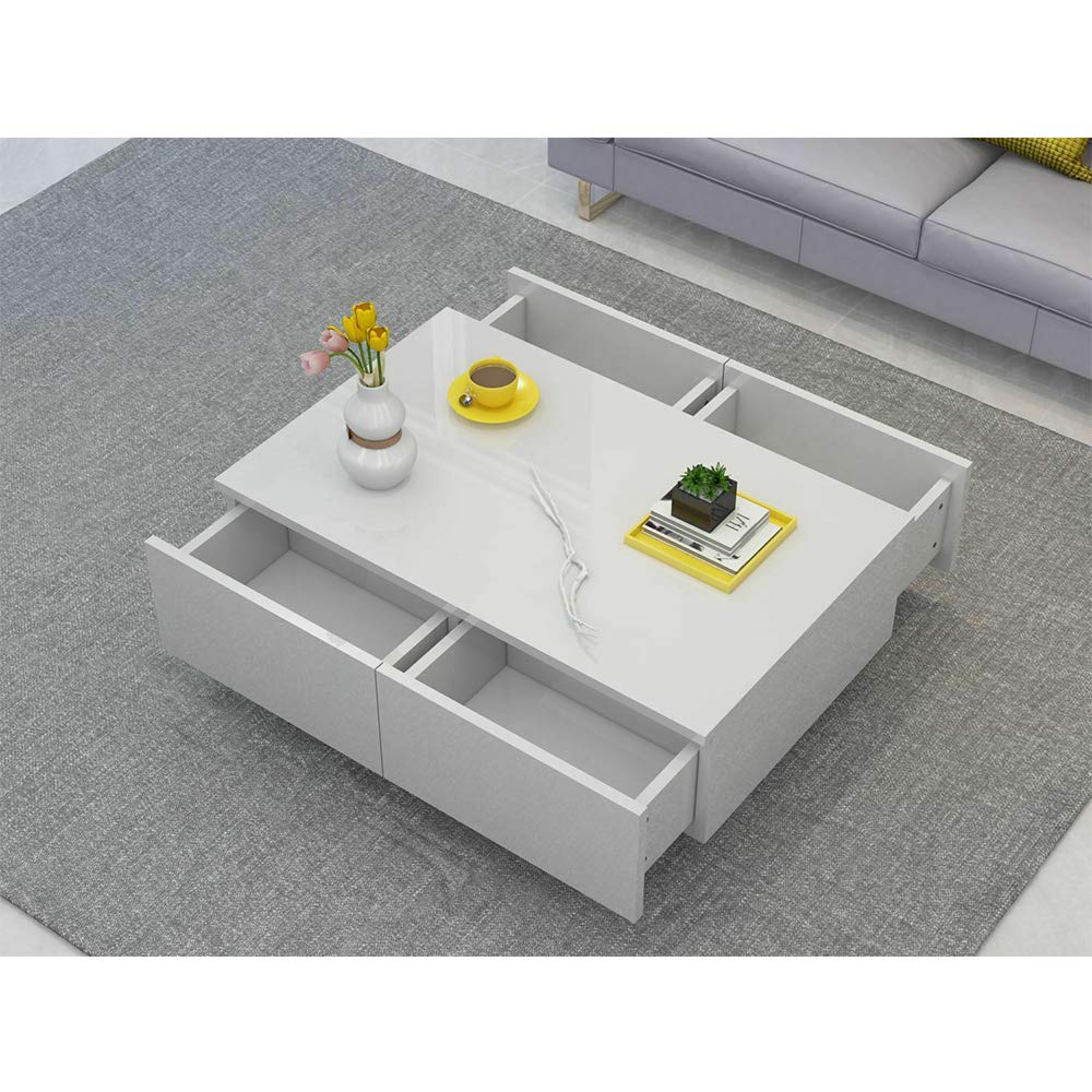Modern White High Gloss Coffee Table with Drawer - 37.4