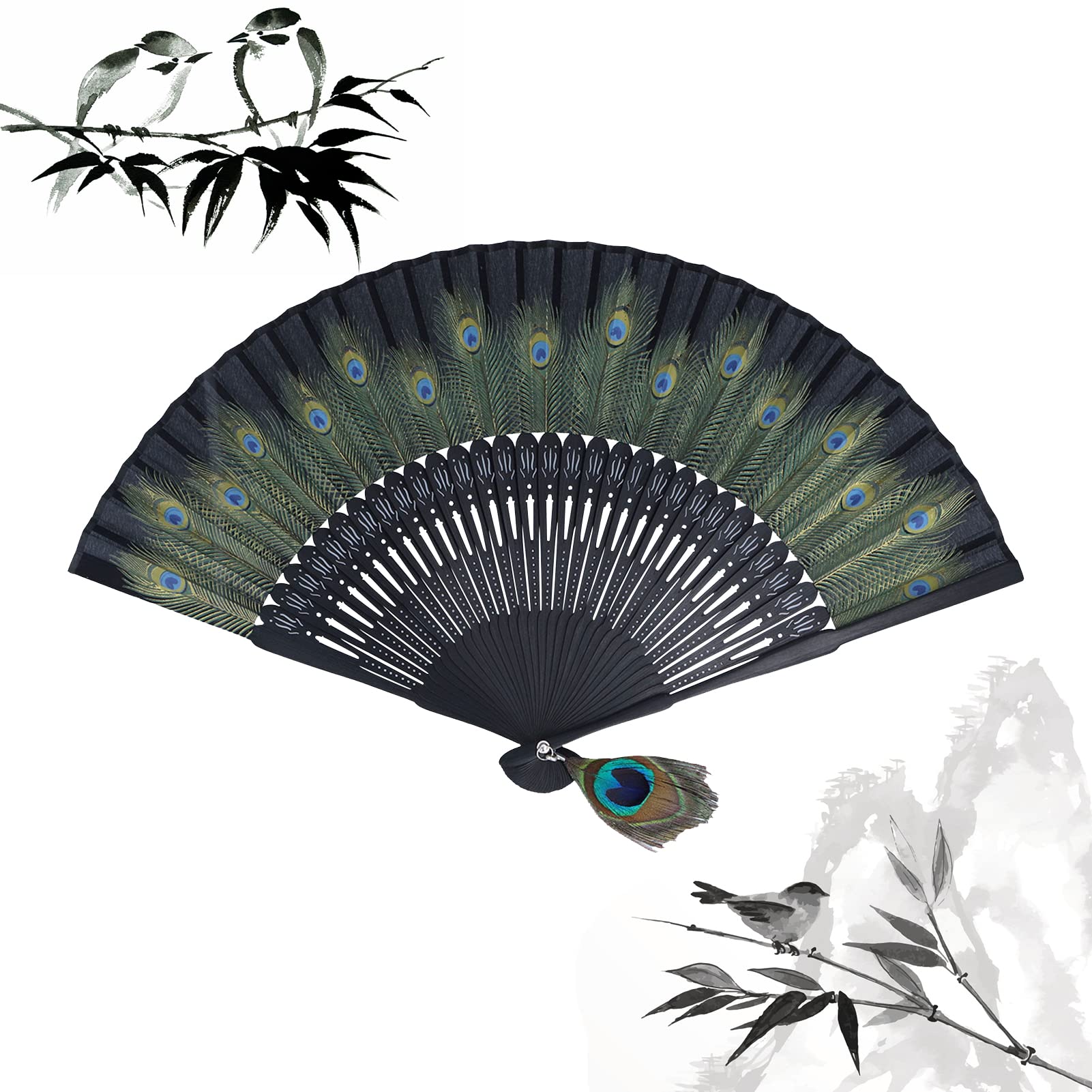 Vintage Black Bamboo Folding Hand Fan with Peacock Pattern - Chinese & Japanese Style Retro Fan for Women, Wedding, Party, Dance Performance, Festival Gift - Perfect for Cooling, Decor, and Cultural Events