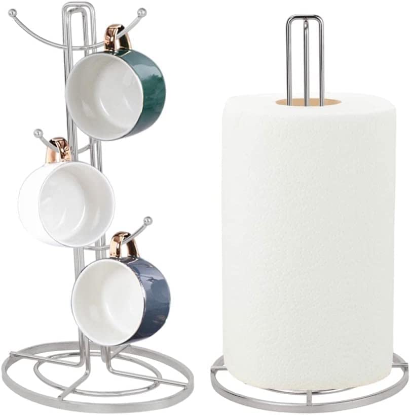 Premium Stainless Steel Cup Mug Tree Stand & Paper Towel Holder Set of 6 - Space-Saving Kitchen Storage Rack for Coffee & Tea Cups - Ideal for Small Kitchens, Office Break Rooms & Dorm Organization (Silver)