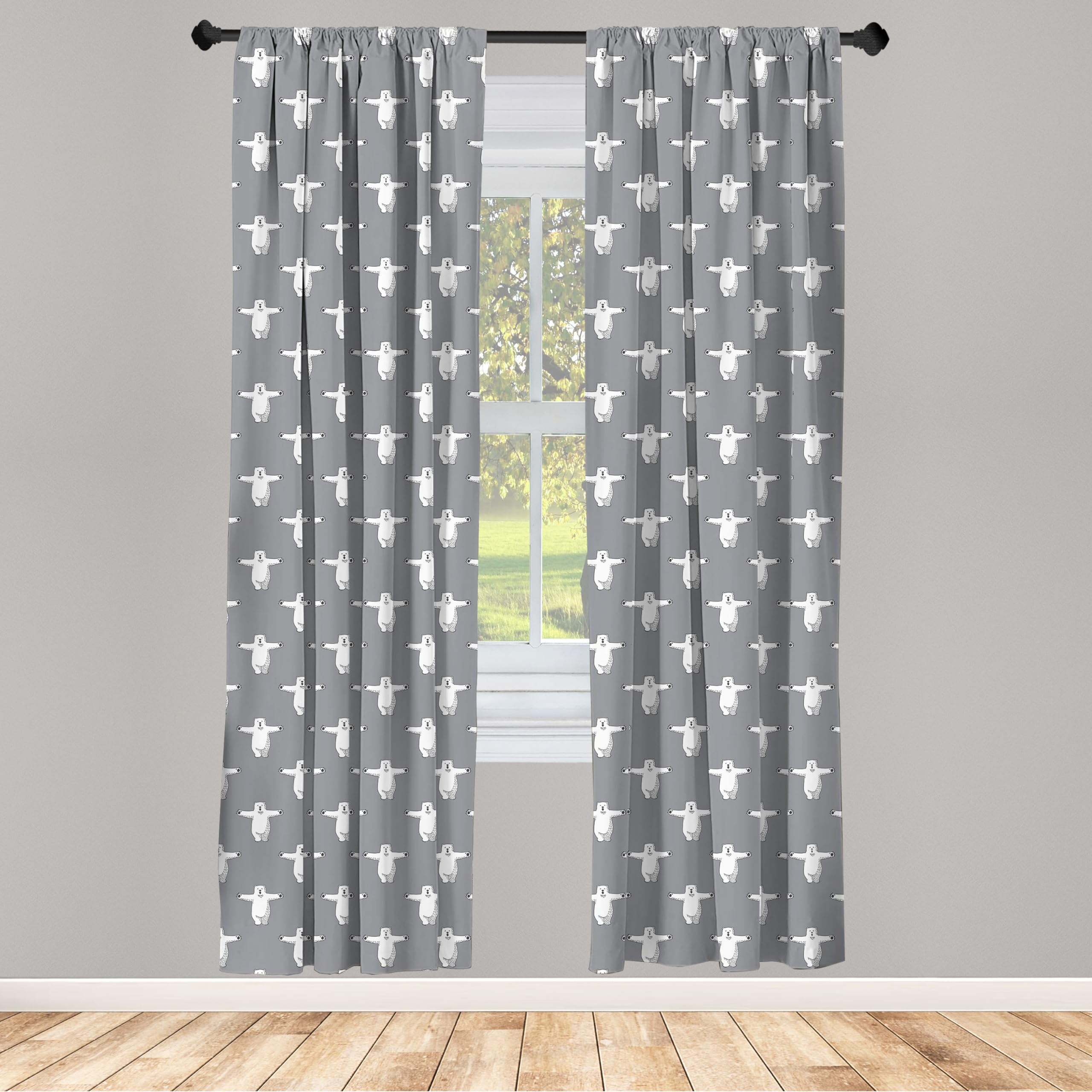 Ambesonne Polar Bear Window Curtains - Funny Hugging Zoo Animals Design, Lightweight Black & White 2-Panel Set with Rod Pocket (28x95 inches) - Perfect for Kids Room, Nursery, or Wildlife-Themed Home Decor