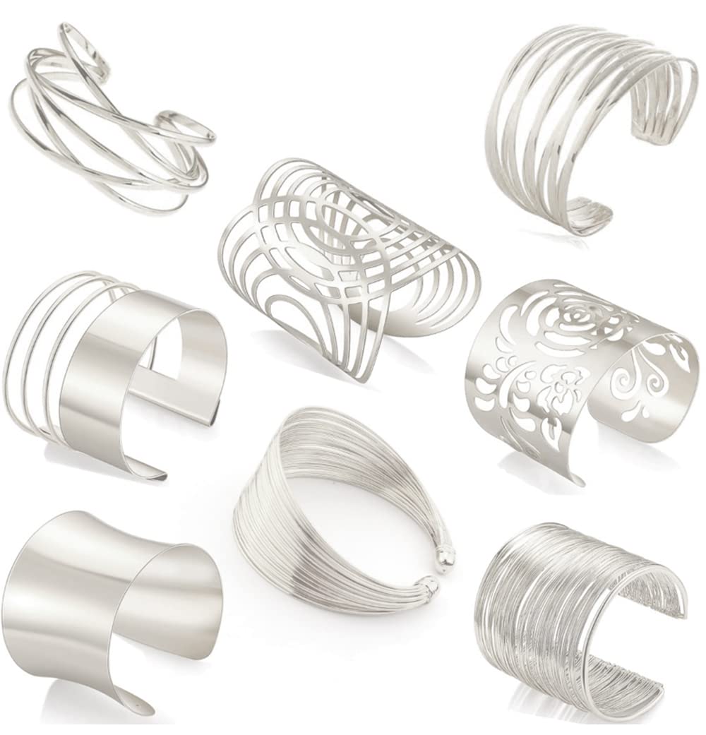 FINZOR 8 Pcs Gold Open Cuff Bangle Bracelets for Women - Adjustable Wire Wrap Wrist Cuff Bracelet Set for Party, Wedding & Everyday Fashion Accessories