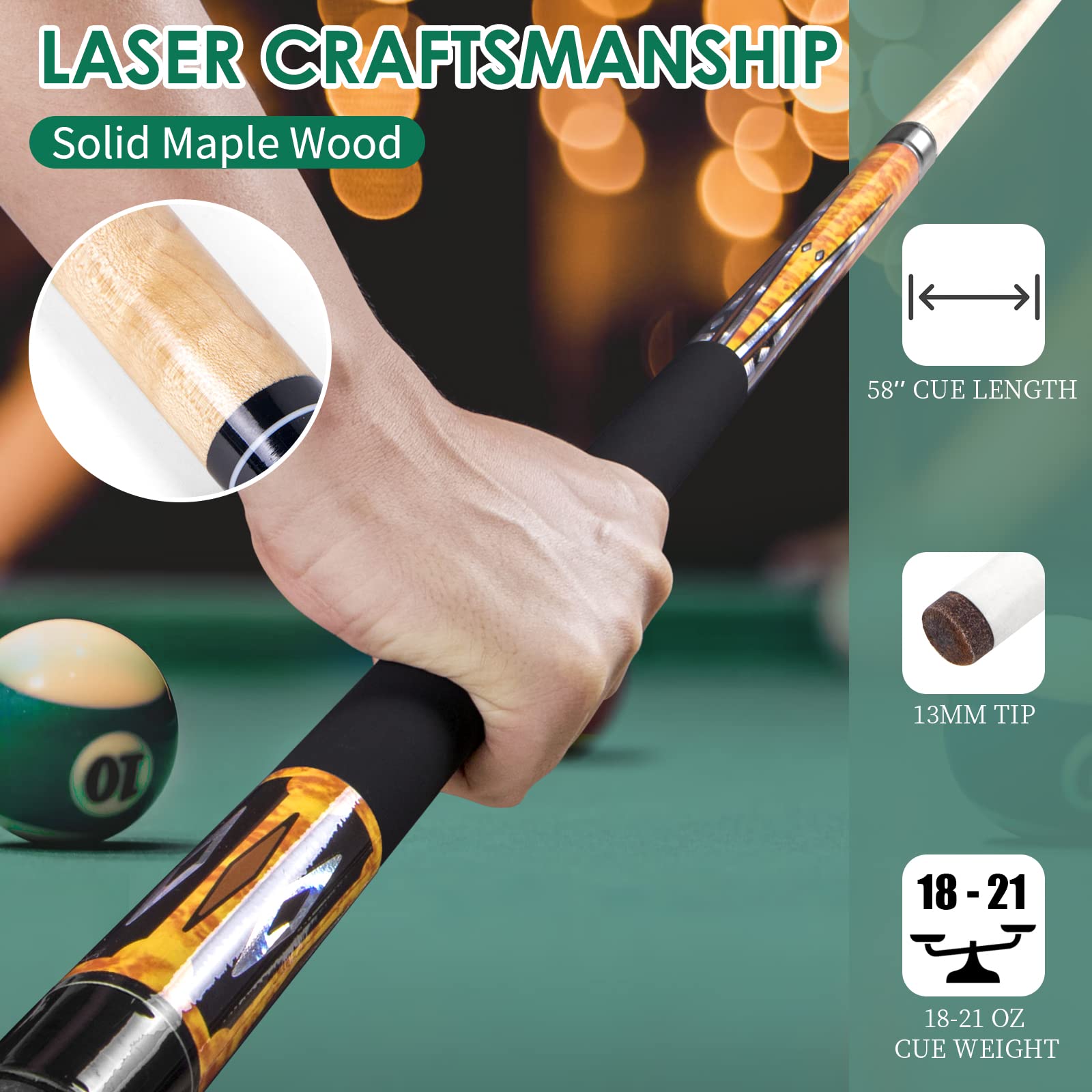 Kmise Professional 2-Piece Pool Cue Stick 58'' Snooker Billiard Cue (18-22 Oz) for Pool Table Sports - Perfect for Home Game Rooms & Bars