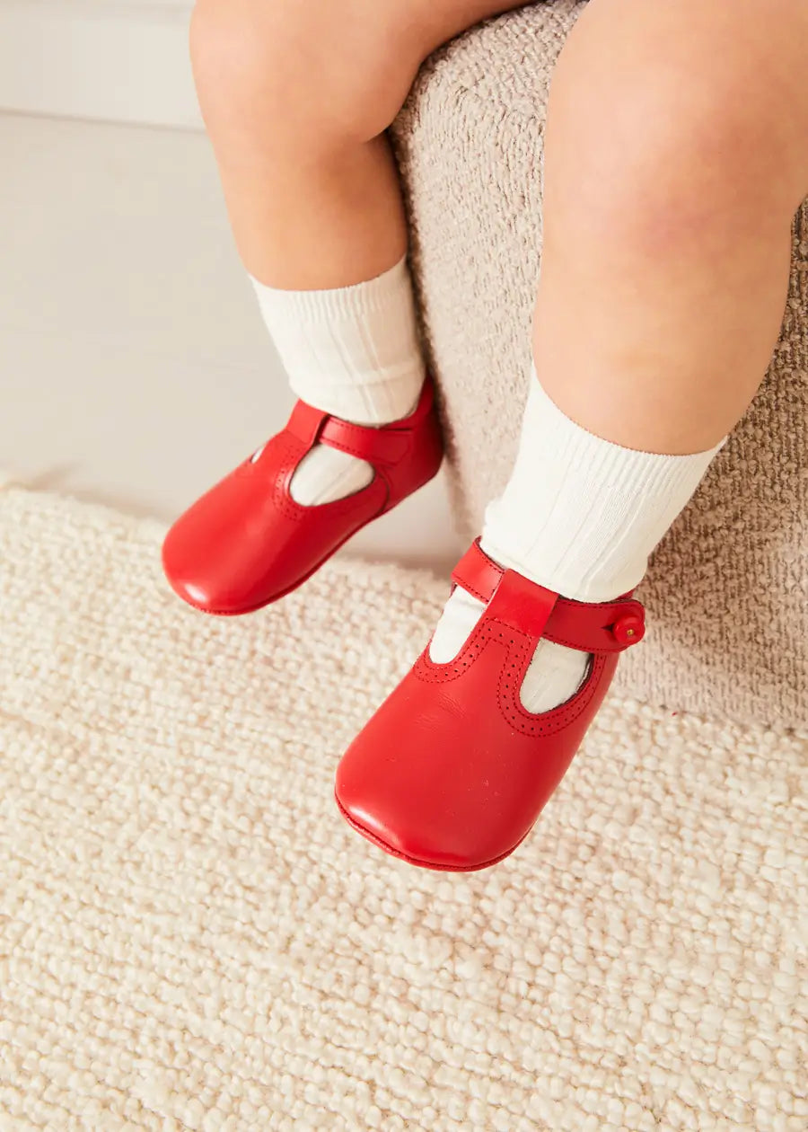 Red T-Bar Baby Pram Shoes (Size 17-20 EU) - Soft Leather First Walkers for Newborns & Infants - Perfect for Special Occasions, Photo Shoots & Everyday Wear