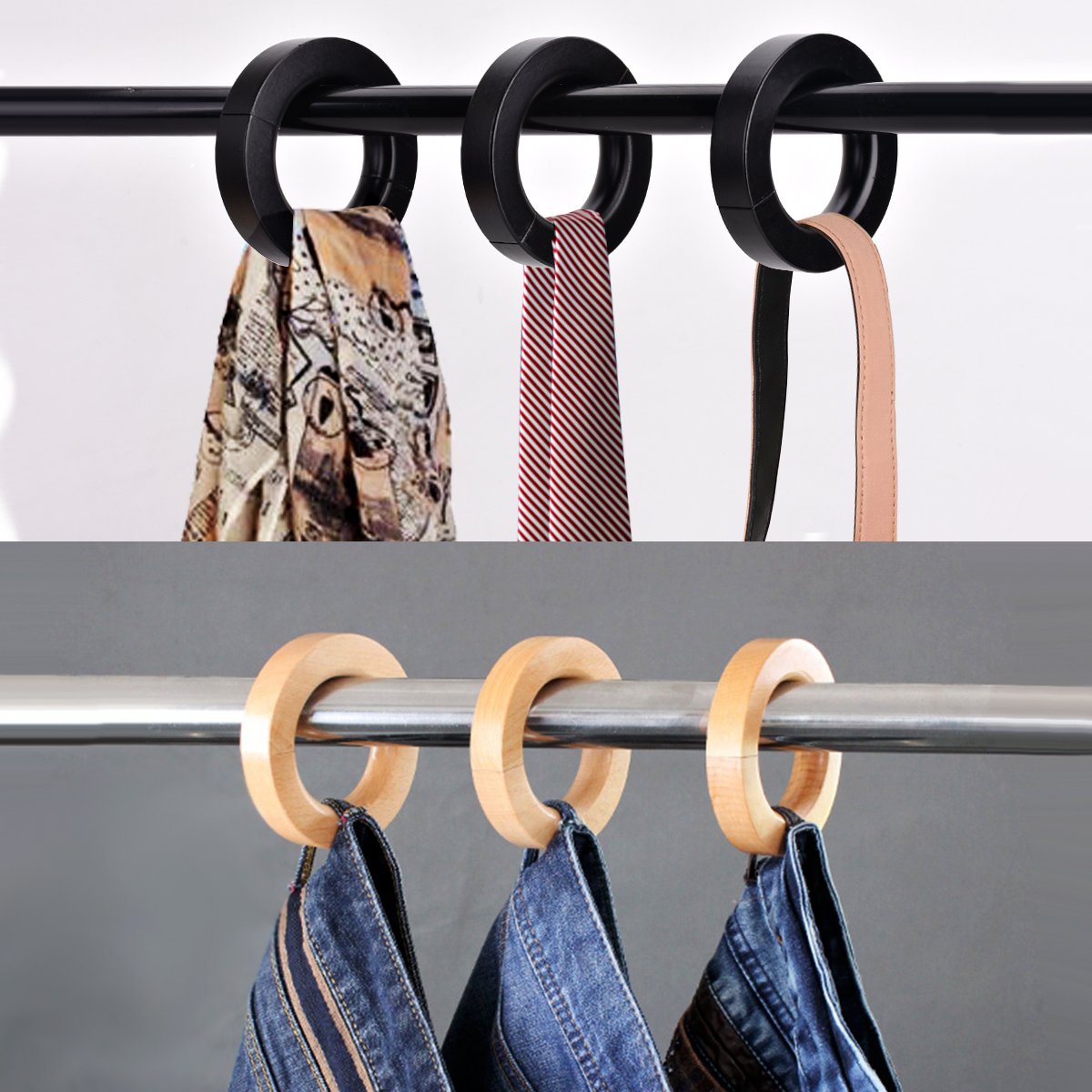 Premium Solid Wood Pants Hangers with Unique Ring Design - 3 Pack for Jeans, Shorts, Silk Scarves, Ties & Bags (Natural Wood) - Space Saving Closet Organizer for Home & Retail Display
