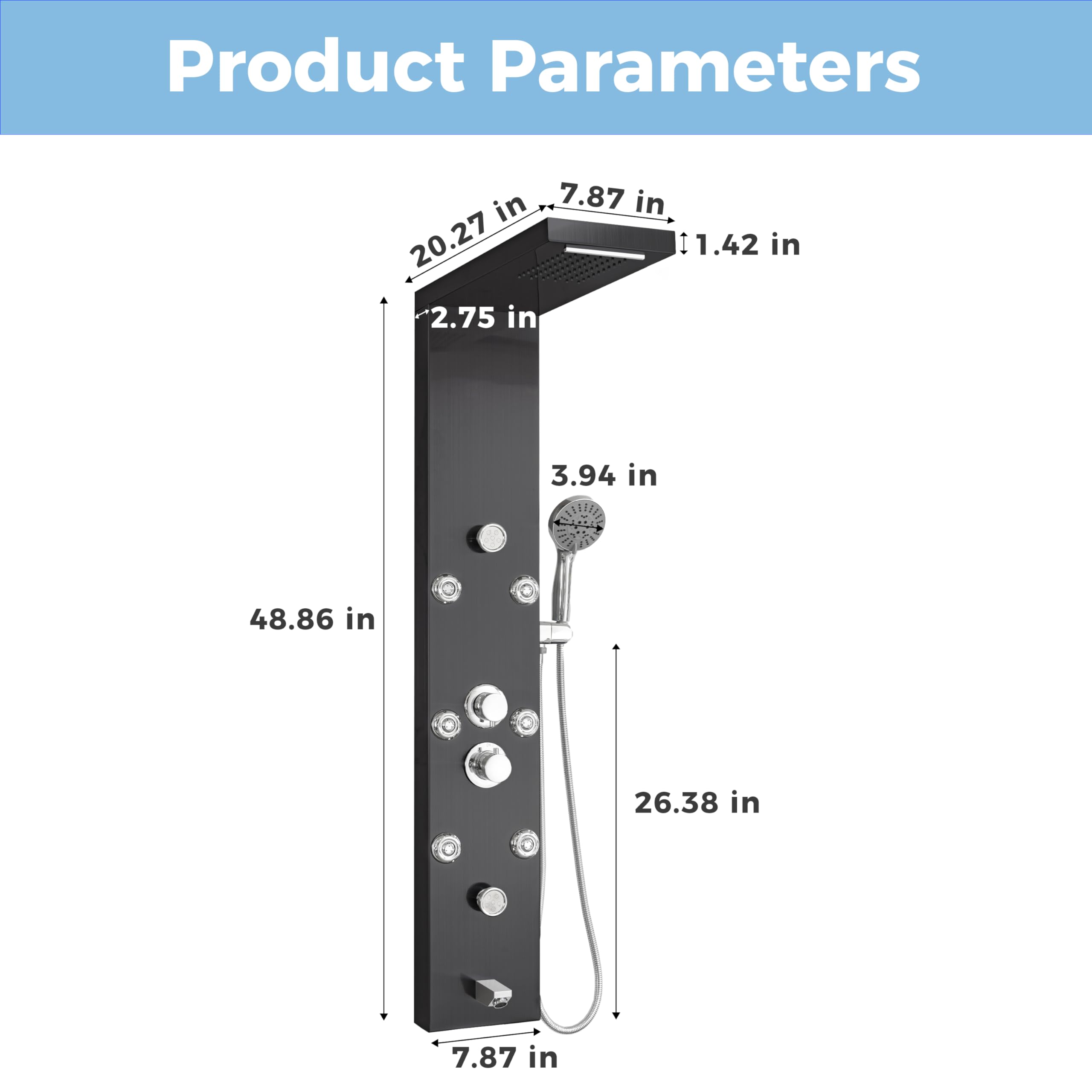 DELAVIN Stainless Steel Shower Panel Tower System - 5-Function Full Body Shower with Rainfall, Waterfall, Massage Jets, Tub Spout & Handheld Showerhead in Brushed Black | Perfect for Luxury Bathroom Renovation, Spa-Like Experience & Modern Home Upgrades