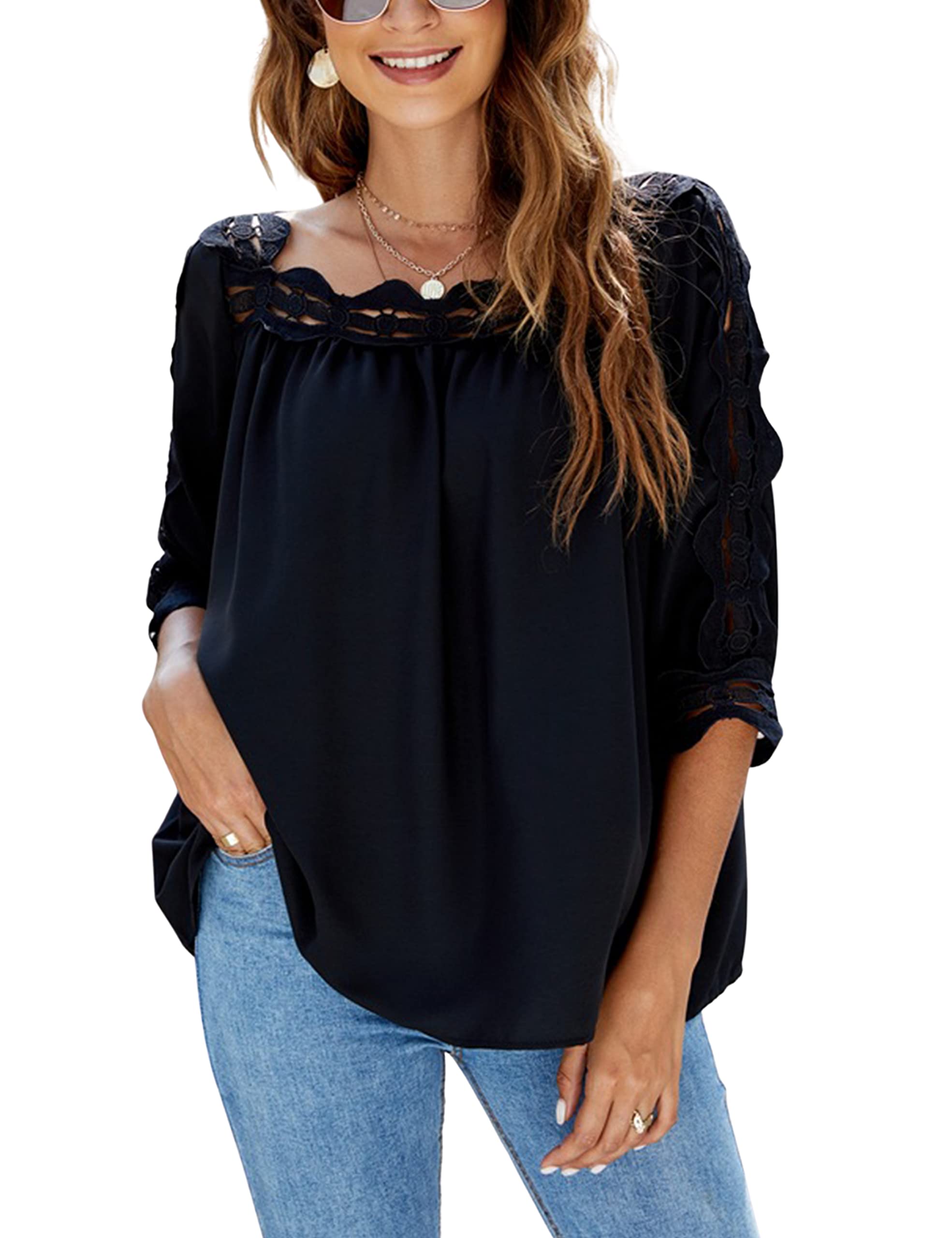 Omoone Women's 3/4 Sleeve Lace Crochet Top - Flowy Square Collar Summer Tunic Blouse for Casual Outings, Beach Wear & Boho Style Outfits