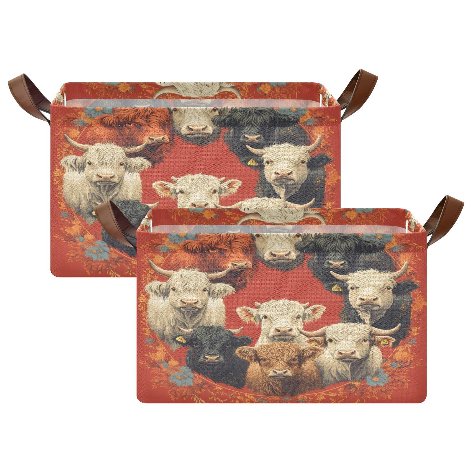 Highland Cow Storage Bins 2-Pack - Collapsible Fabric Storage Baskets with Handles (32L) for Home Organization, Shelves & Closet - Perfect for Nursery, Laundry Room & Kids' Room Decor