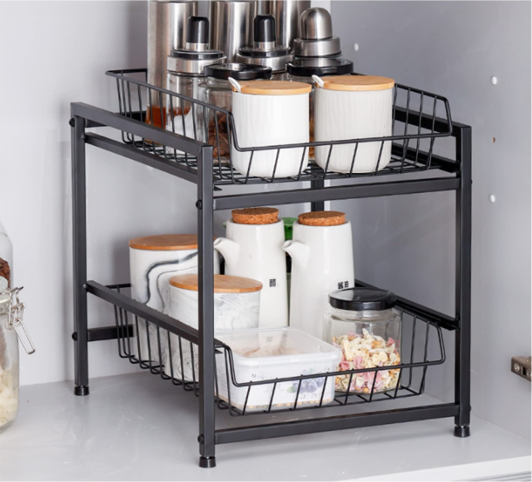 2-Tier Pull Out Under Sink Organizer with Sliding Drawer - Stackable Kitchen & Bathroom Storage for Cabinets, Countertops | Perfect for Small Spaces & Clutter-Free Organization