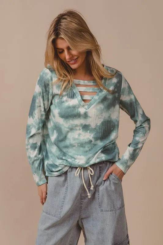 Bibi Variegated Tie Dye Rib V Neck Top With Straps in Dusty Sage Multi - Stylish Boho Chic Blouse for Women, Perfect for Summer Festivals, Beach Vacations & Casual Outings