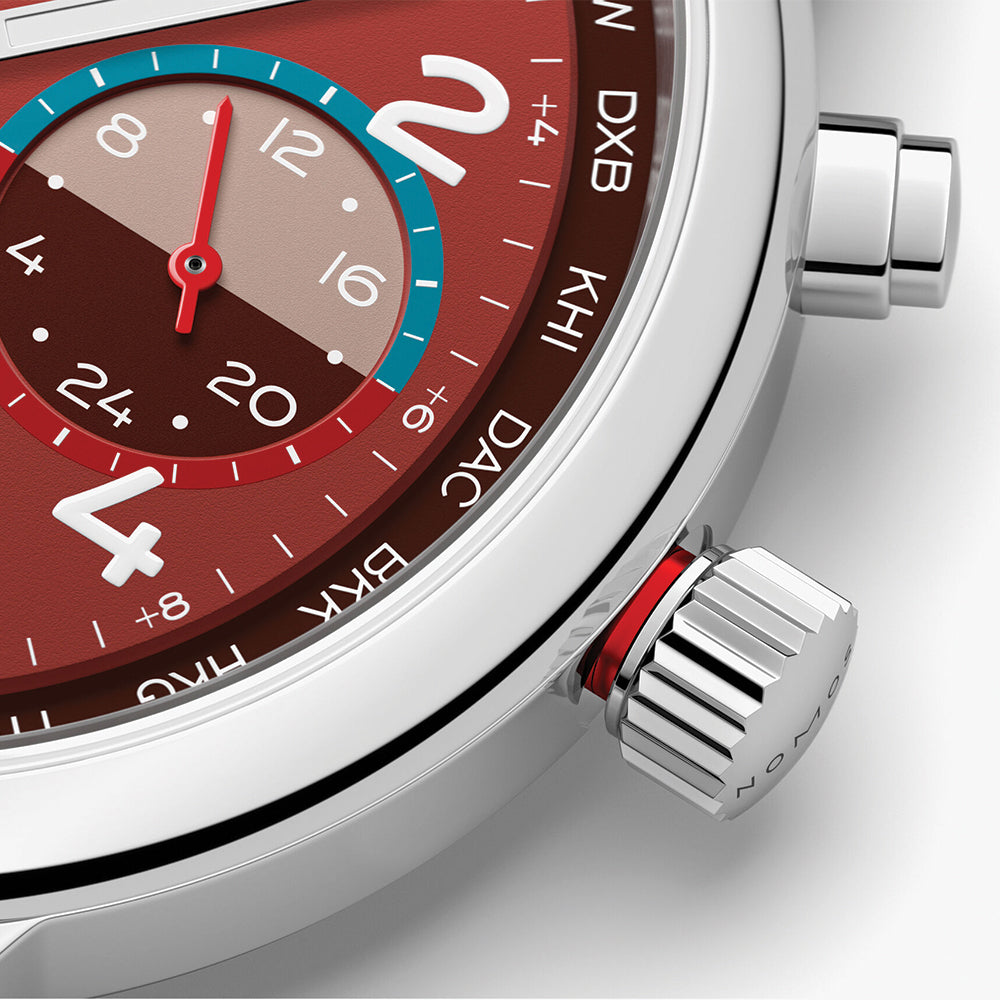 NOMOS Club Sport Neomatik Worldtimer Limited Edition 40mm Watch with Magma Dial & Stainless Steel Bracelet - Perfect for Travelers and Luxury Watch Collectors