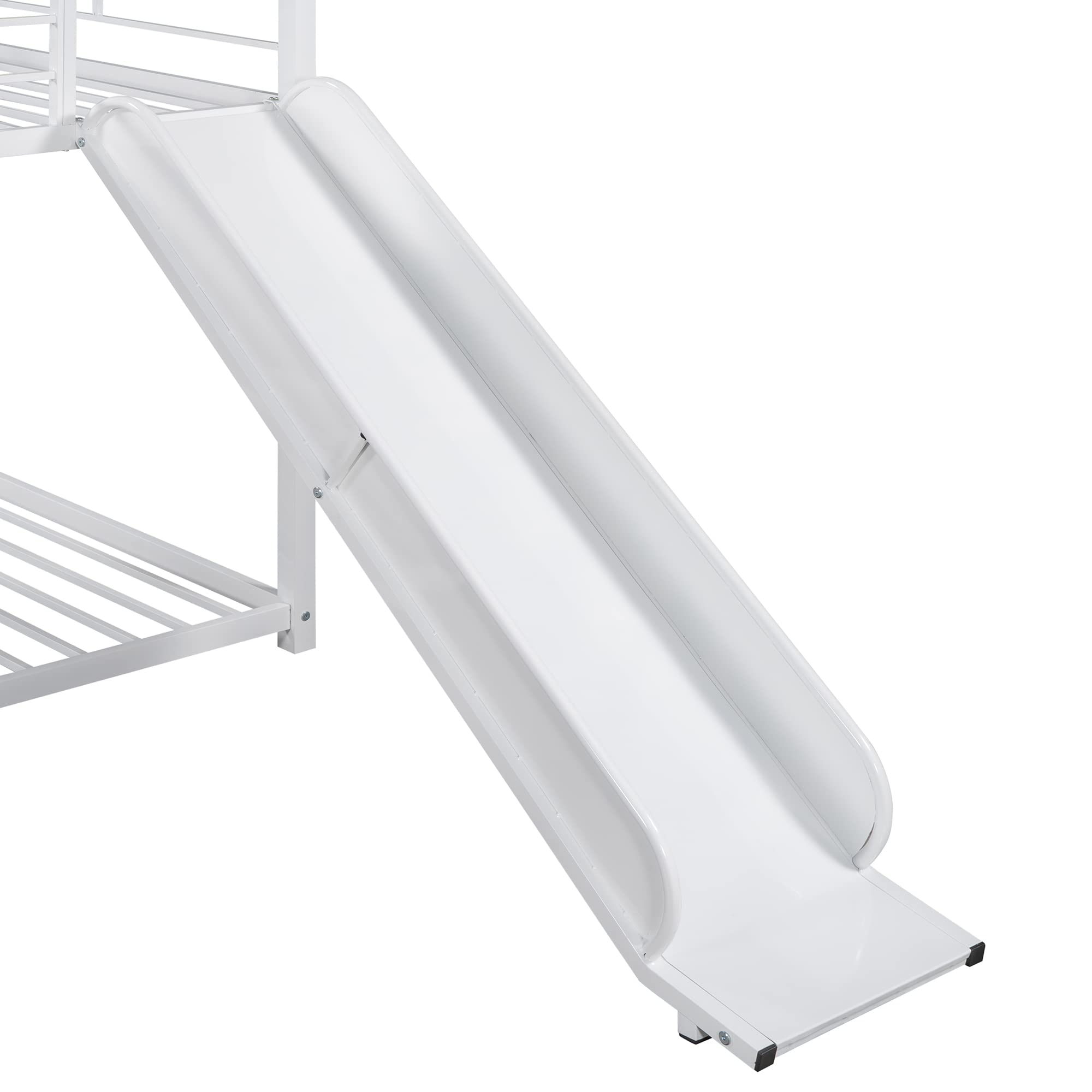 **Metal Twin Over Twin Bunk Bed Frame for Kids & Toddlers - Low Cabin Bunk Bed with Ladder & Slide - No Box Spring Needed - White - Perfect for Small Rooms, Shared Kids' Bedrooms & Sleepovers**