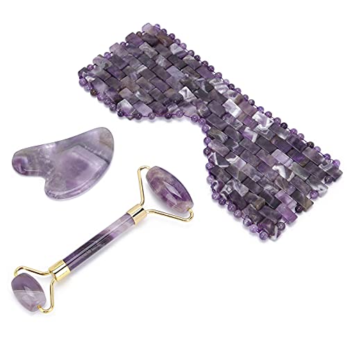 Amethyst Facial Roller & Gua Sha Massage Set - Skin Care Tools for Women, Home Spa, Travel & Beauty Salon Use - Reduce Puffiness & Improve Skin Glow