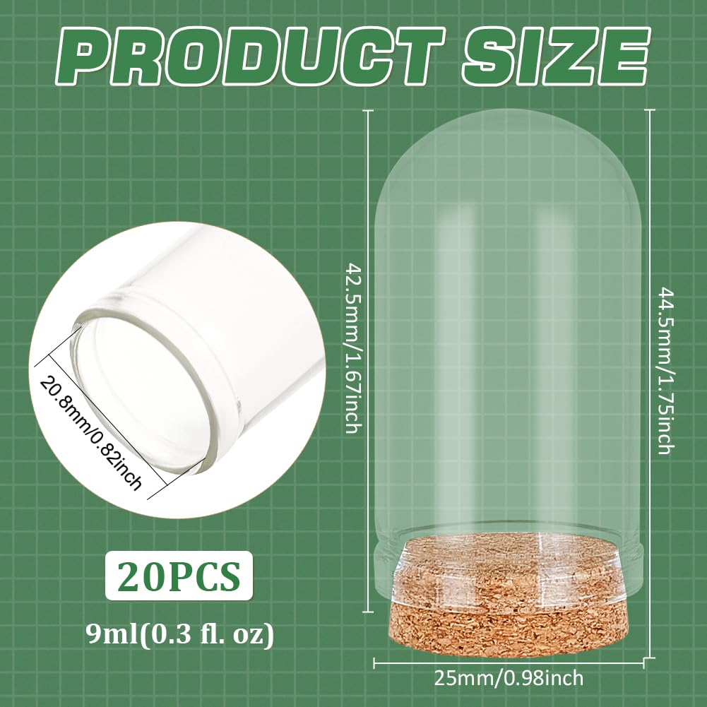 BENECREAT 20 Pack 9ml Glass Jars with Dome Cloche Covers & Cork Stoppers - Small Decorative Bottles for DIY Crafts, Wedding Favors, Halloween & Christmas Decorations - Perfect for Essential Oils, Spices, and Party Centerpieces