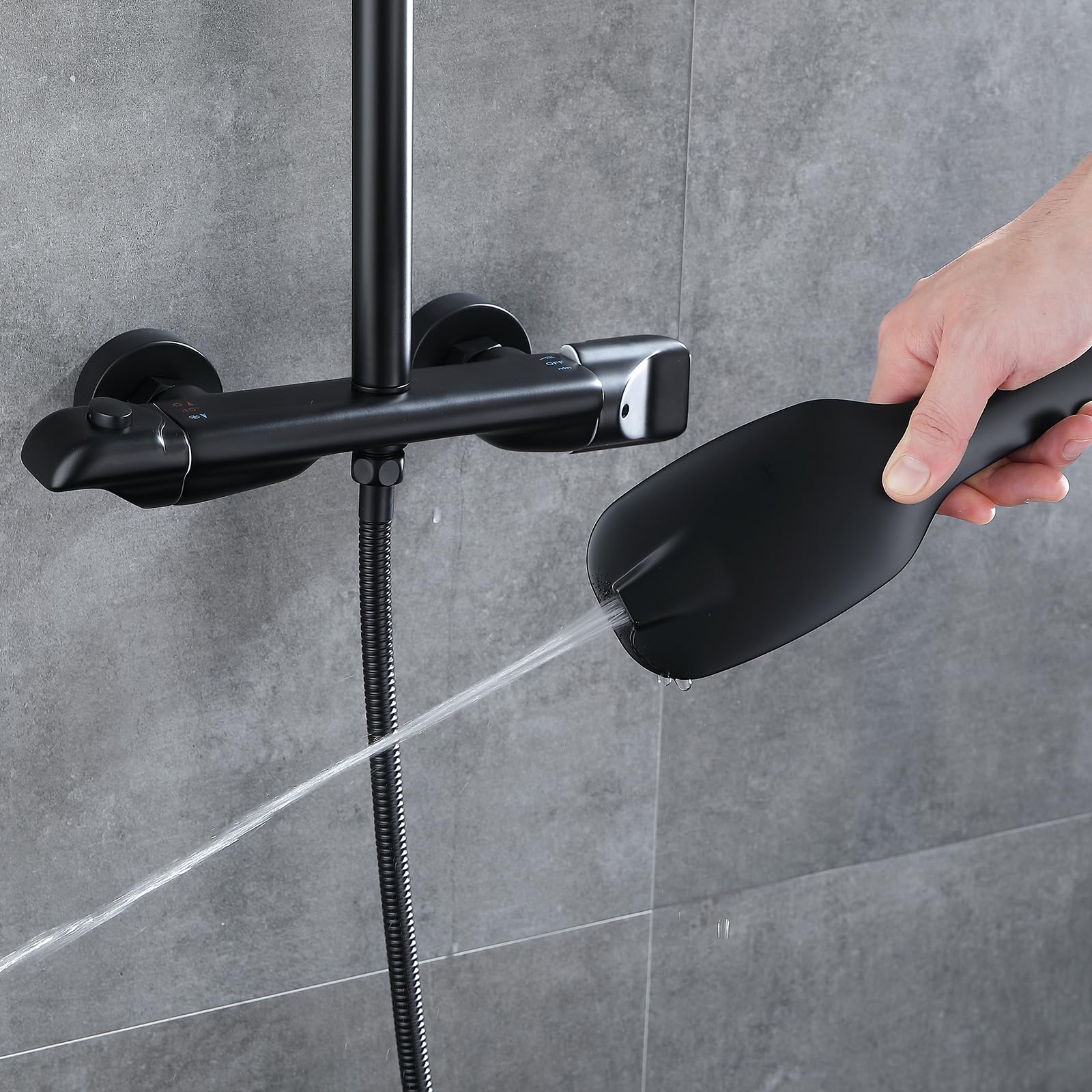 Premium Matte Black Exposed Shower System with Thermostatic Brass Valve - Adjustable 10