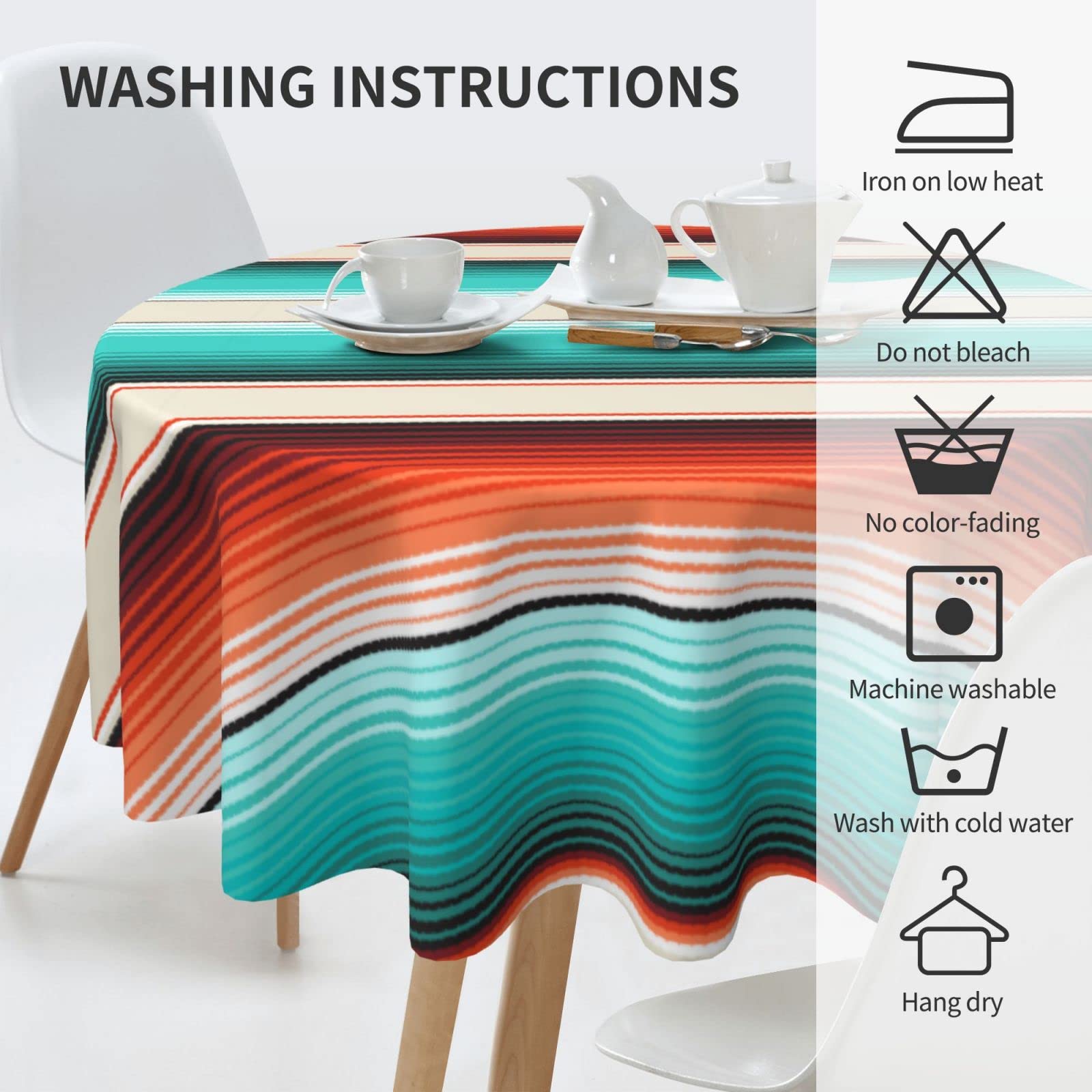 60 Inch Waterproof Round Tablecloth - Turquoise, Orange, Navajo White Stripes Mexican Design for Outdoor Patio, Party, Picnic, Wedding & Indoor Kitchen Dinner Decor | Durable & Stylish Table Cover