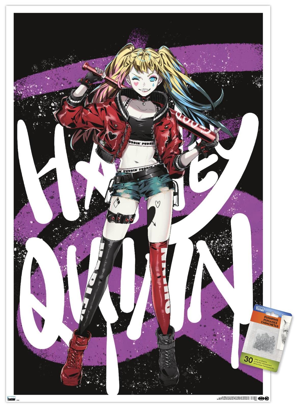 DC Comics Harley Quinn Anime Bat Wall Poster with Push Pins - Perfect for Bedroom, Dorm & Comic Fan Decor