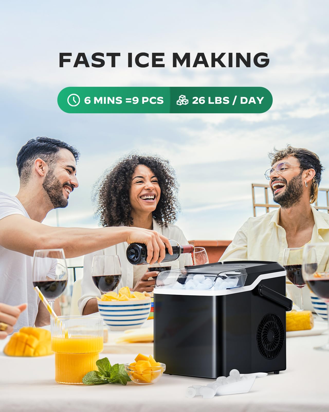 Silonn Portable Countertop Ice Maker Machine - Fast 6-Minute Ice, 26lbs Daily, Self-Cleaning, 2 Ice Size Options for Home Kitchen Office RV Camping & Outdoor Parties (Black)