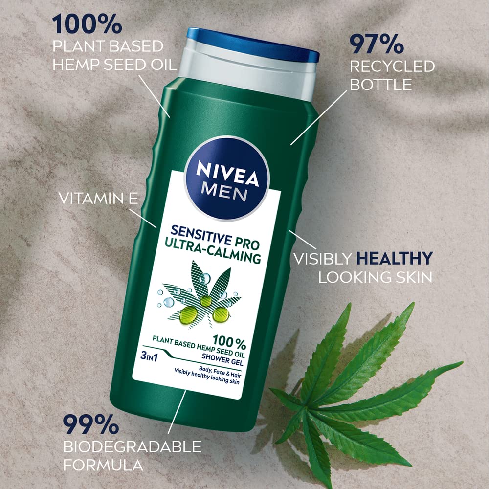 NIVEA MEN Sensitive Pro Hemp Shower Gel 400ml - Alcohol-Free Body Wash for Sensitive Skin with Hemp Seed Oil & Vitamin E - Gentle Daily Cleanser for Men with Dry or Irritated Skin - Perfect for Post-Workout & Shaving Relief