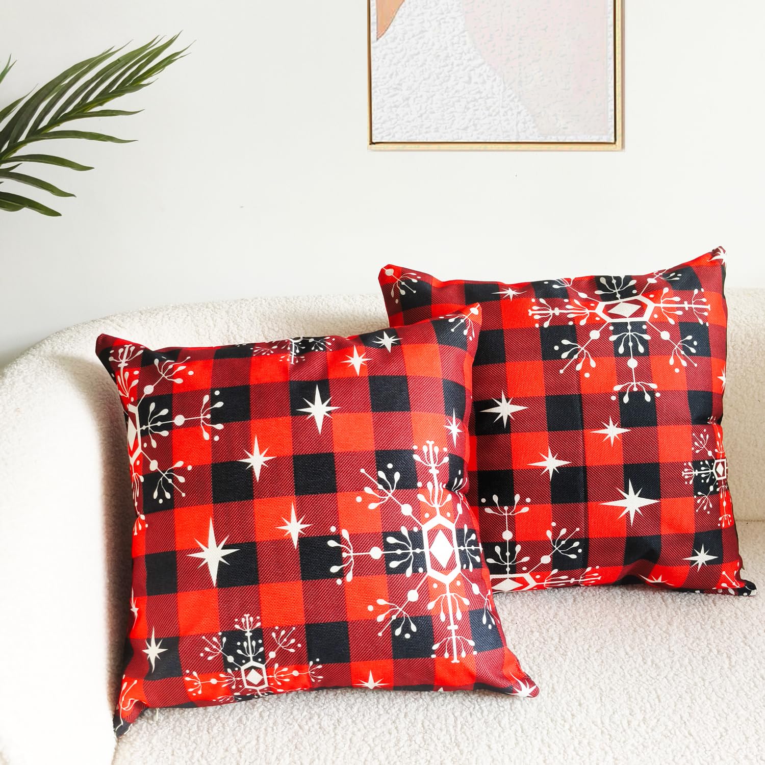 Buffalo Plaid Throw Pillow Covers 18x18 Inch - Set of 2 Modern Linen Decorative Pillowcases with Snowflake Print for Sofa, Couch & Bed - Cozy Winter Home Decor & Christmas Living Room Accents