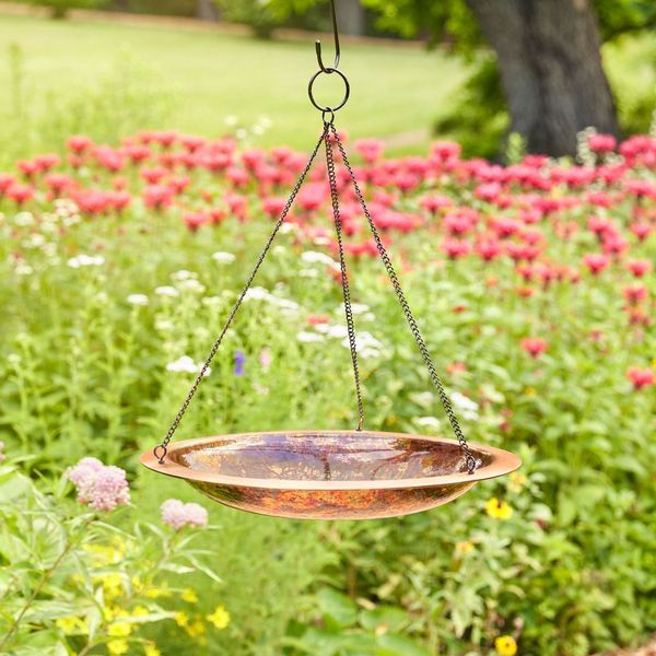 18-Inch Hanging Fired Copper Bird Bath - Outdoor Garden Decor for Attracting Wild Birds & Enhancing Backyard Aesthetics