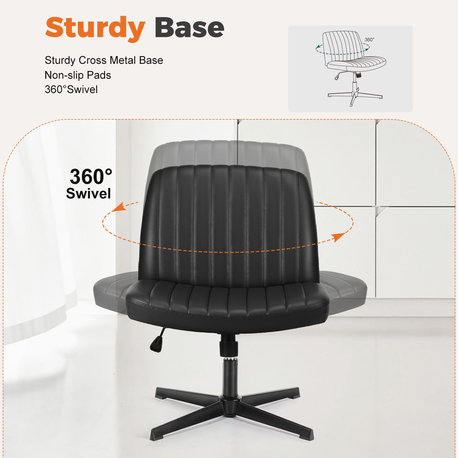 Sweetcrispy Cross Legged Office Chair - Armless Wide Desk Chair Without Wheels, Adjustable Swivel Home & Vanity Chair for Small Spaces | Perfect for Home Office, Study Room & Dressing Table