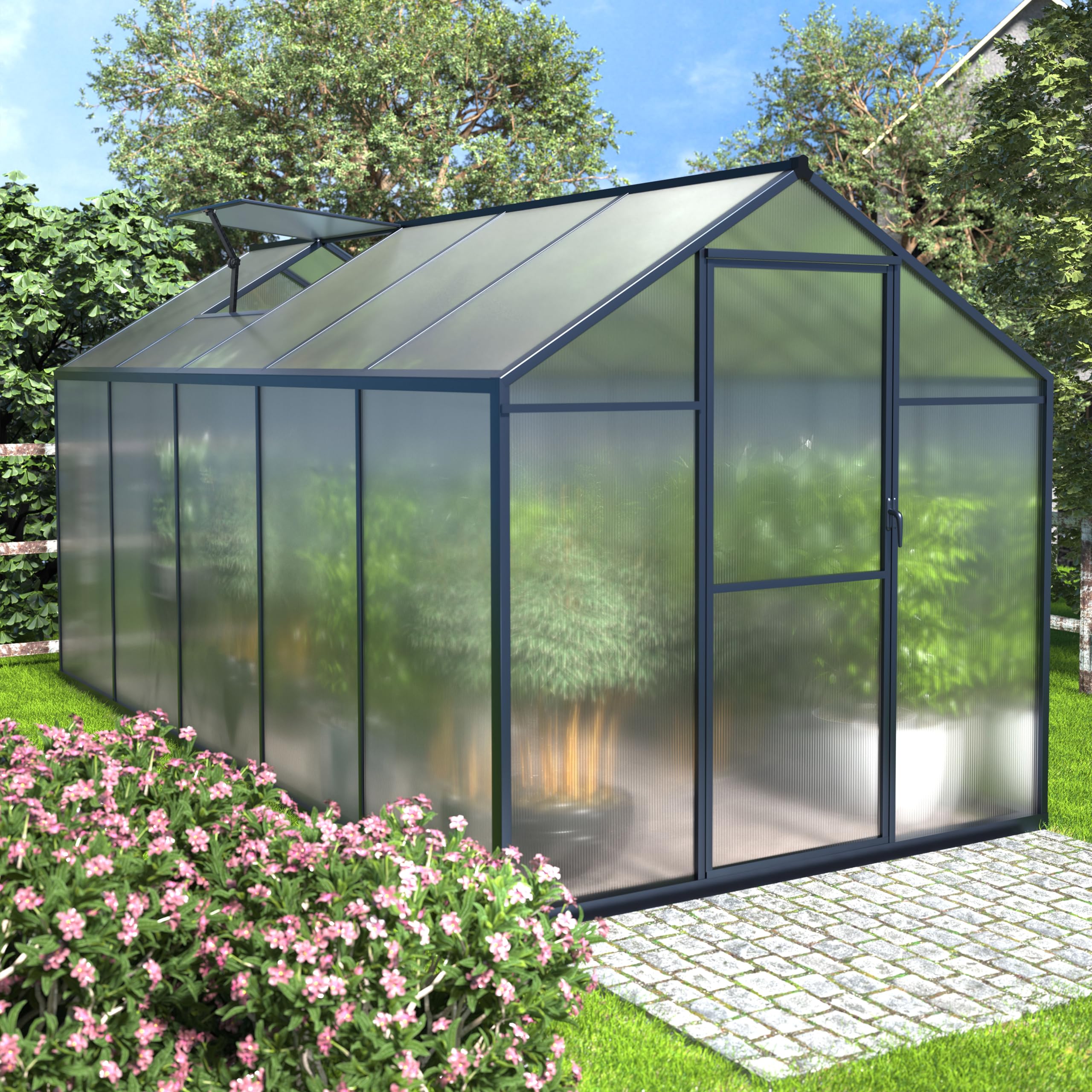 6x10 FT Polycarbonate Aluminum Greenhouse Kit - Walk-in Outdoor Garden Greenhouse with Lockable Door & Adjustable Roof Vent - Perfect for Winter Gardening, Backyard Plant Protection & Year-Round Growing (Gray)