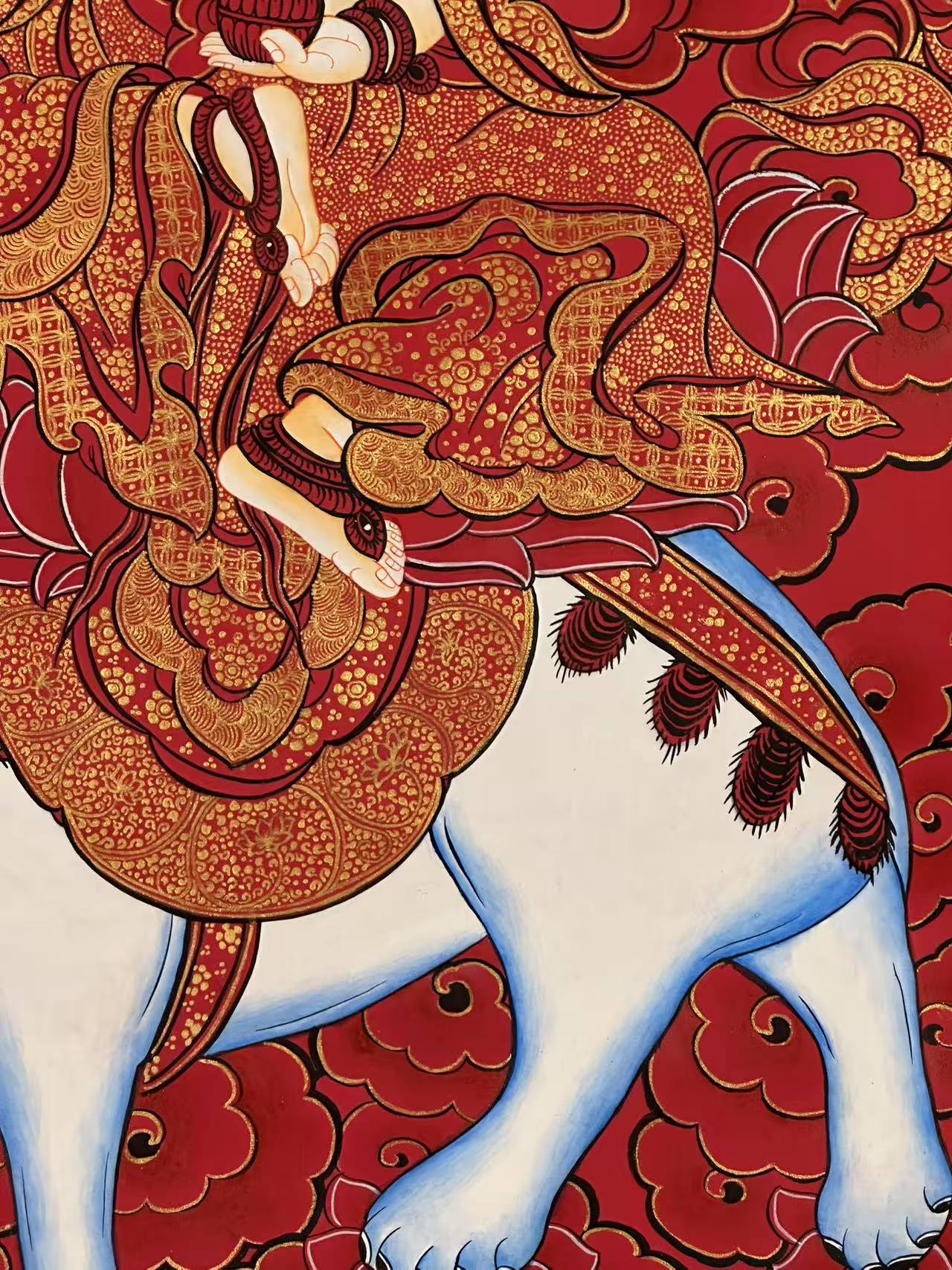 Kindness Buddha in Elephant Thangka - Handmade Tibetan Wall Art for Meditation, Yoga & Spiritual Decor