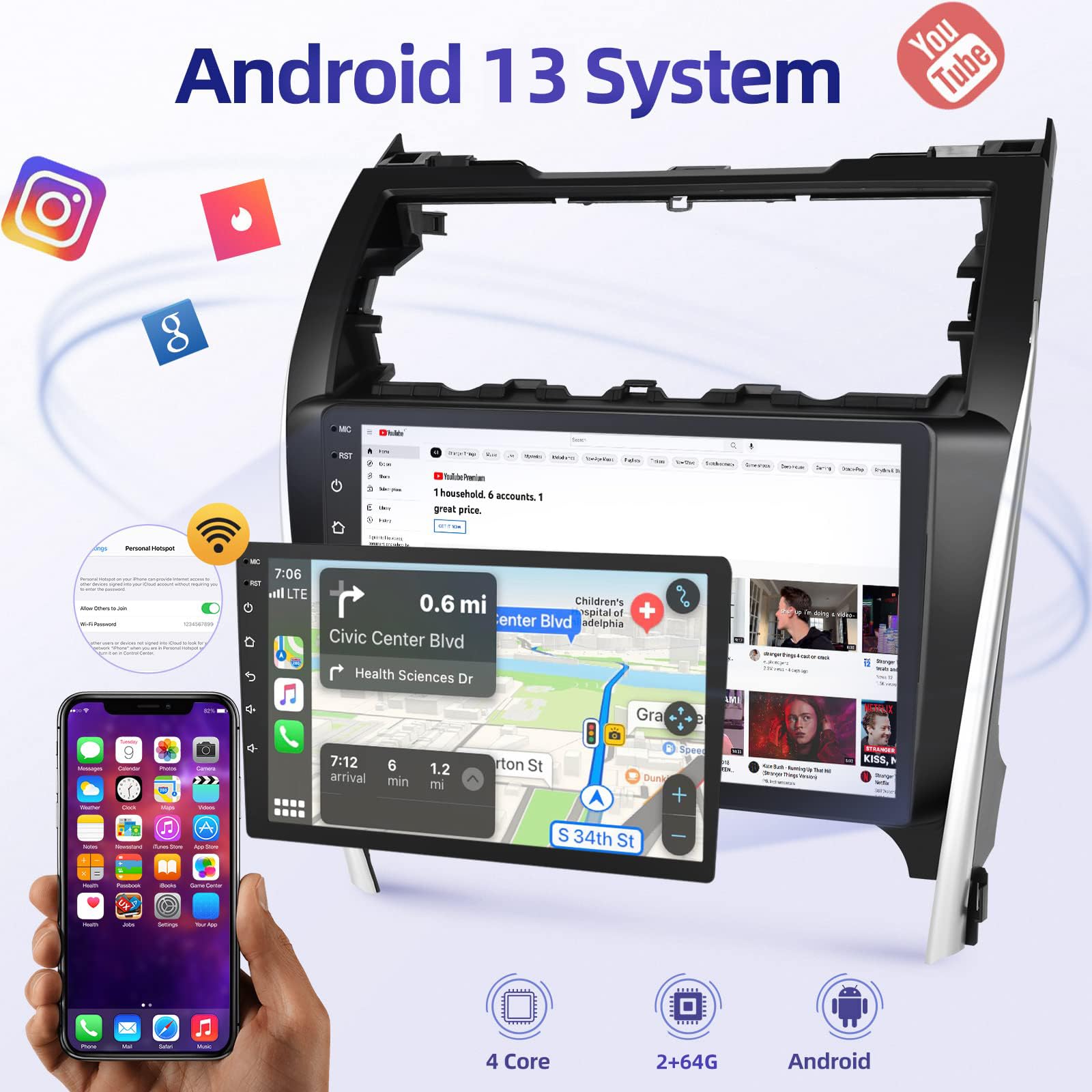 2+64GB Android 13 Car Stereo for Toyota Camry 2012-2014 | 10.1