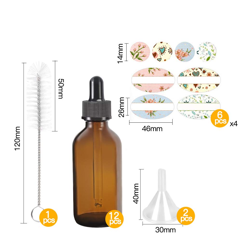 STARSIDE 12 Pack 2 oz (60ml) Amber Glass Dropper Bottles with Black Caps - Essential Oil Bottles, Perfume Containers, Lab Chemical Storage - Includes 1 Brush, 2 Funnels & 24 Labels - Perfect for DIY Aromatherapy, Skincare Mixing & Home Fragrance Crafting