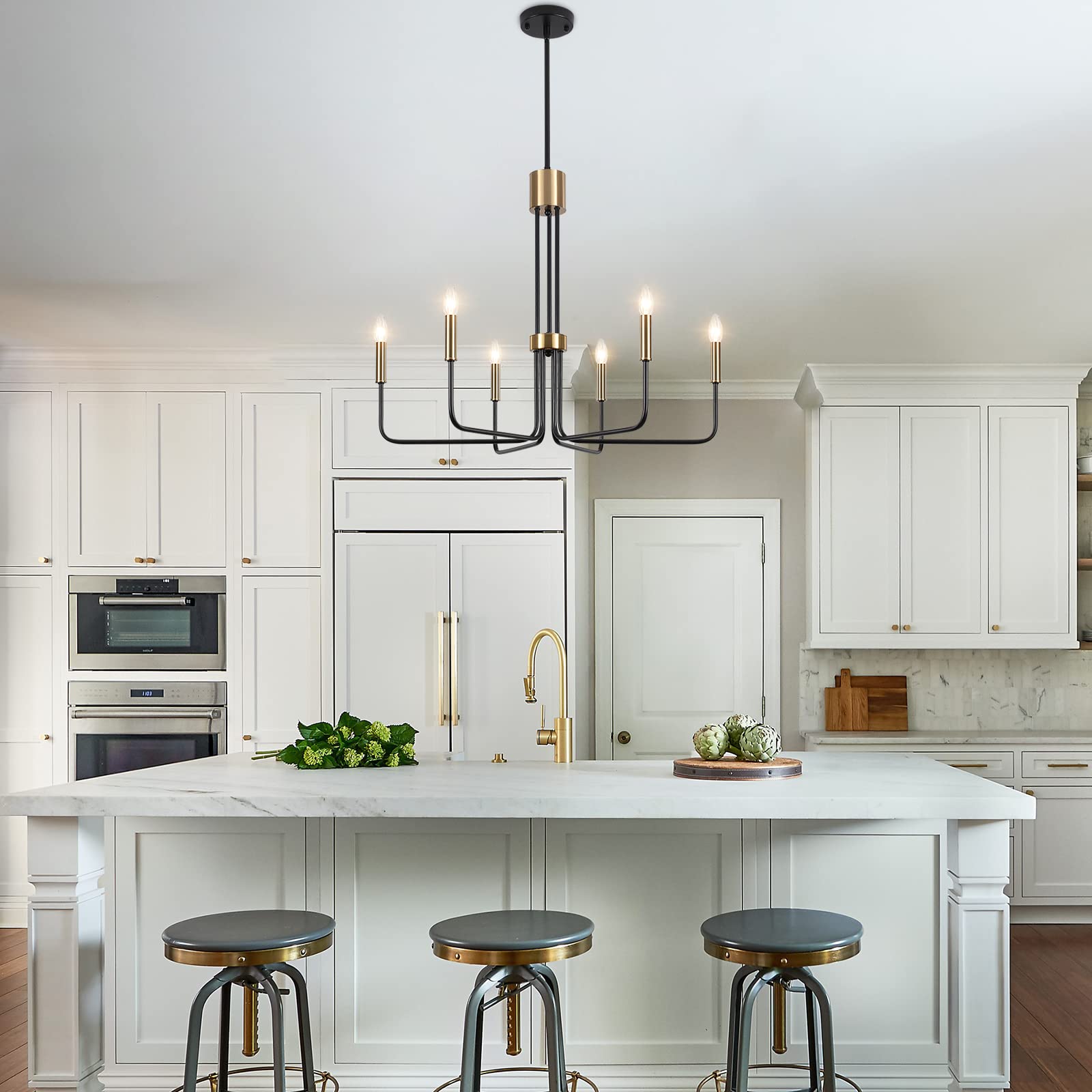 6-Light Modern Farmhouse Chandelier - Black & Gold Dining Room Ceiling Light Fixture - Elegant Kitchen, Living Room, Bedroom & Entryway Lighting - Perfect for Farmhouse, Rustic & Contemporary Home Decor