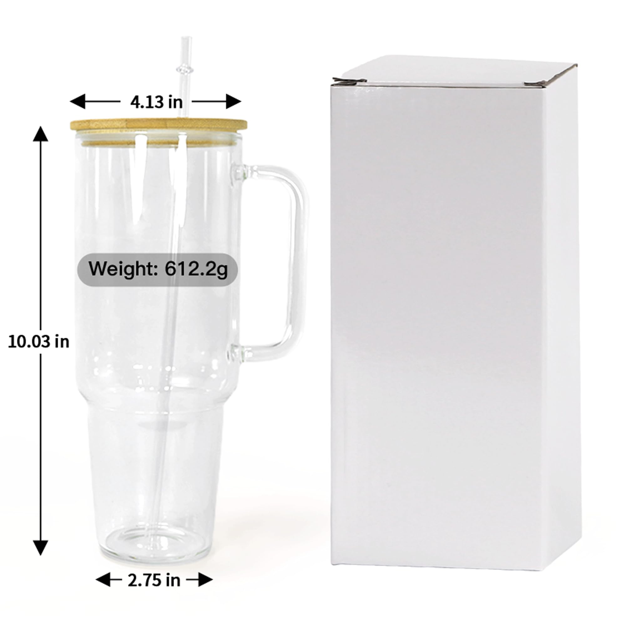 40oz Sublimation Glass Tumbler with Handle - 12 Pack Clear Glass Cups with Bamboo Lid & Plastic Straw - Reusable Iced Coffee Cup for Boba Tea, Juice, Smoothies - BPA Free, Fits Car Cup Holder - Perfect for Home, Office, Travel & Gifts - Individually Boxed