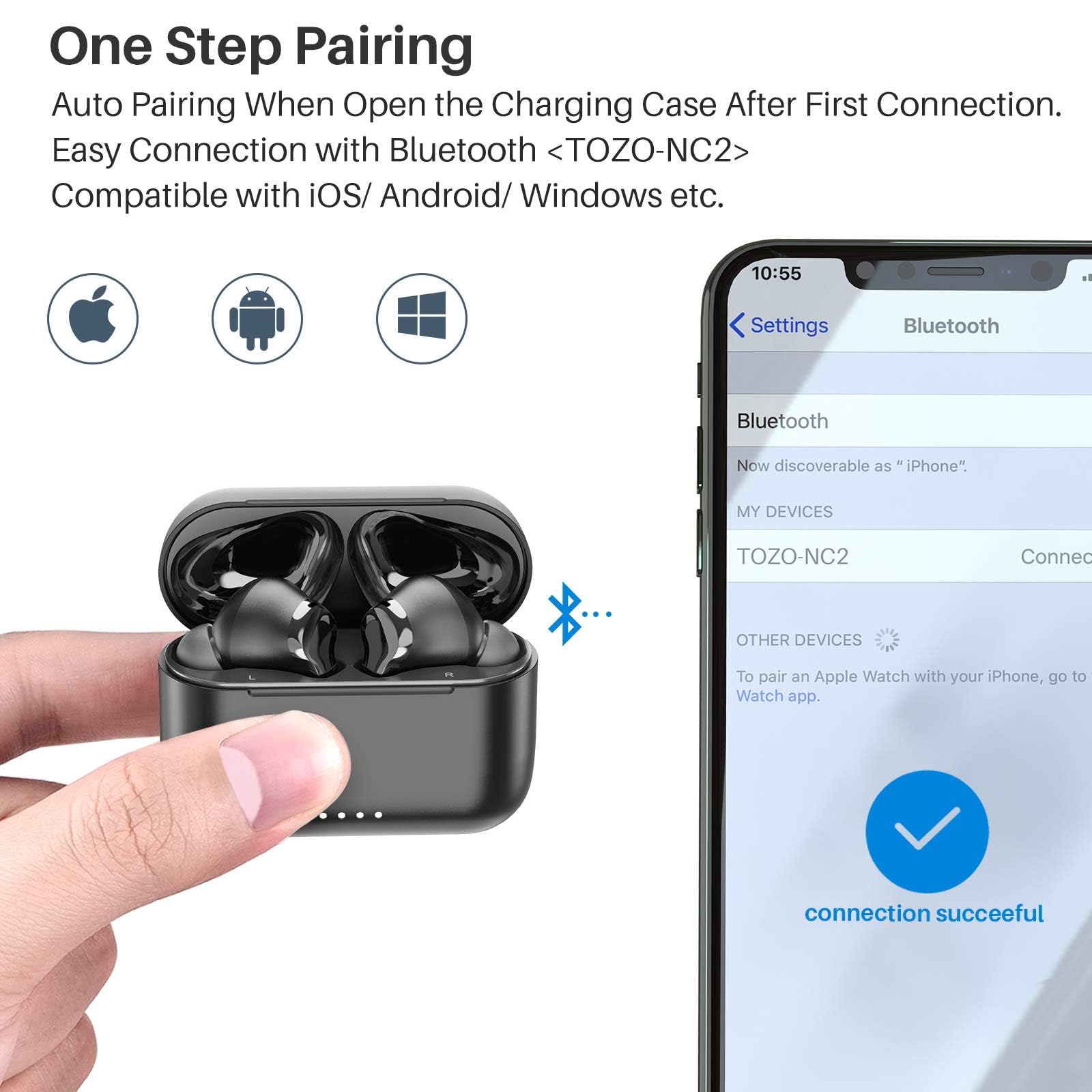 TOZO NC2 Hybrid Active Noise Cancelling Wireless Earbuds - Bluetooth 5.3 IPX6 Waterproof Headphones with Deep Bass & In-Ear Detection | Perfect for Gym, Running, Travel & Work (Matte Black)