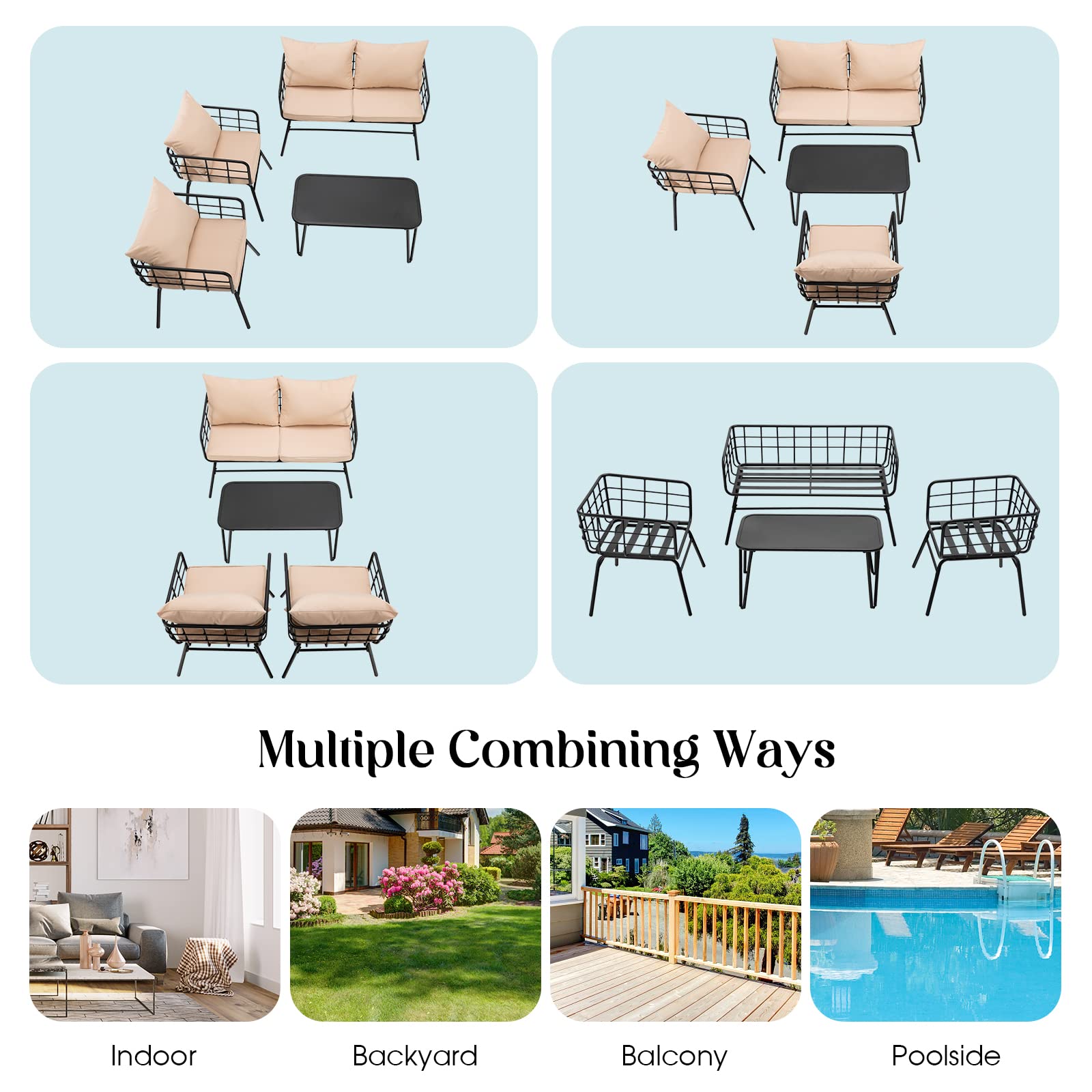 Giantex 4-Piece Outdoor Patio Furniture Set - Steel Frame Loveseat Bench, Coffee Table & 2 Bistro Chairs with Cushions for Garden, Yard, Balcony, Poolside (Beige & Black) | Perfect for Relaxing, Entertaining & Outdoor Dining
