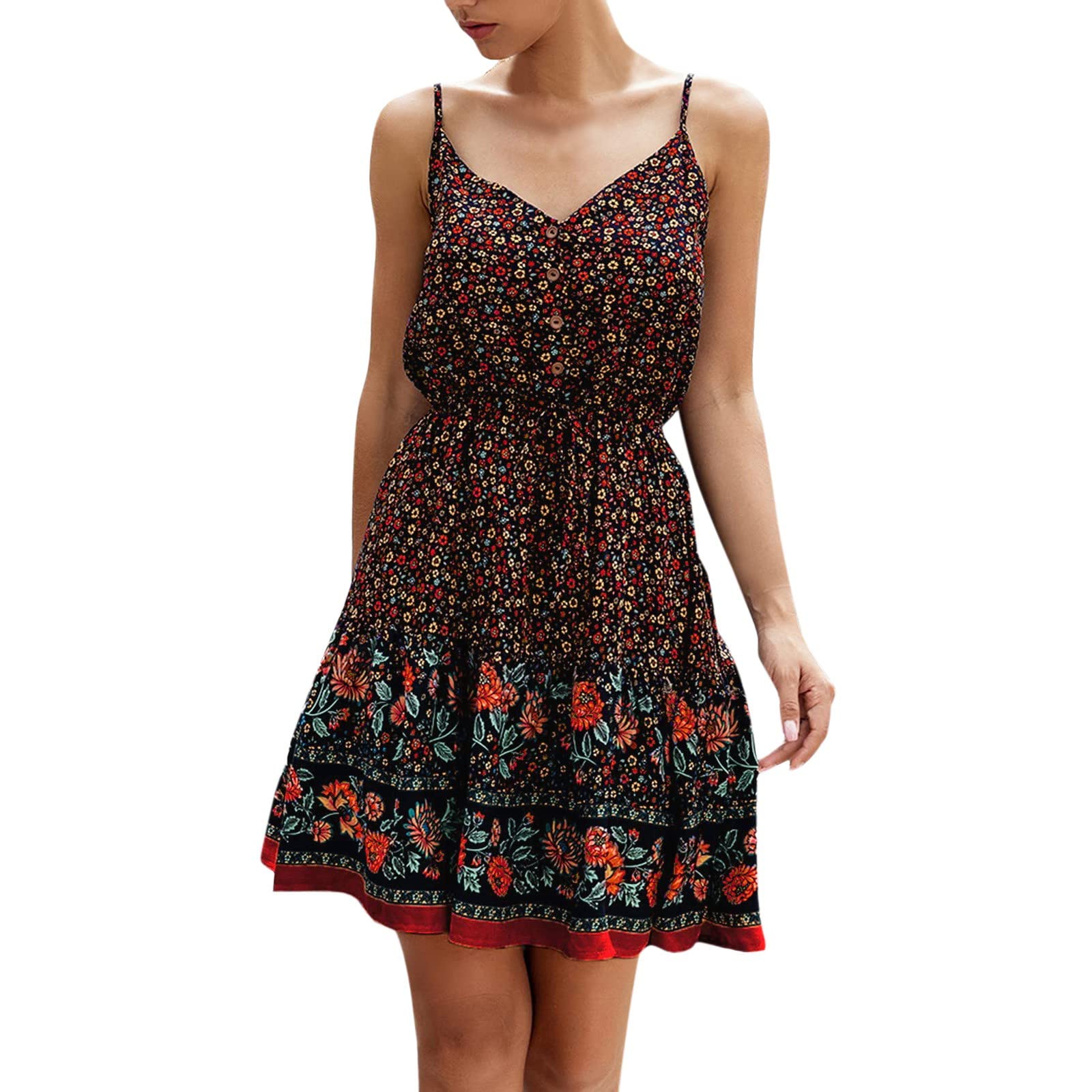 2022 Women's Floral Print V-Neck Spaghetti Strap Button Waistband Mini Dress - Perfect for Spring Outfits, Summer Parties & Casual Dates