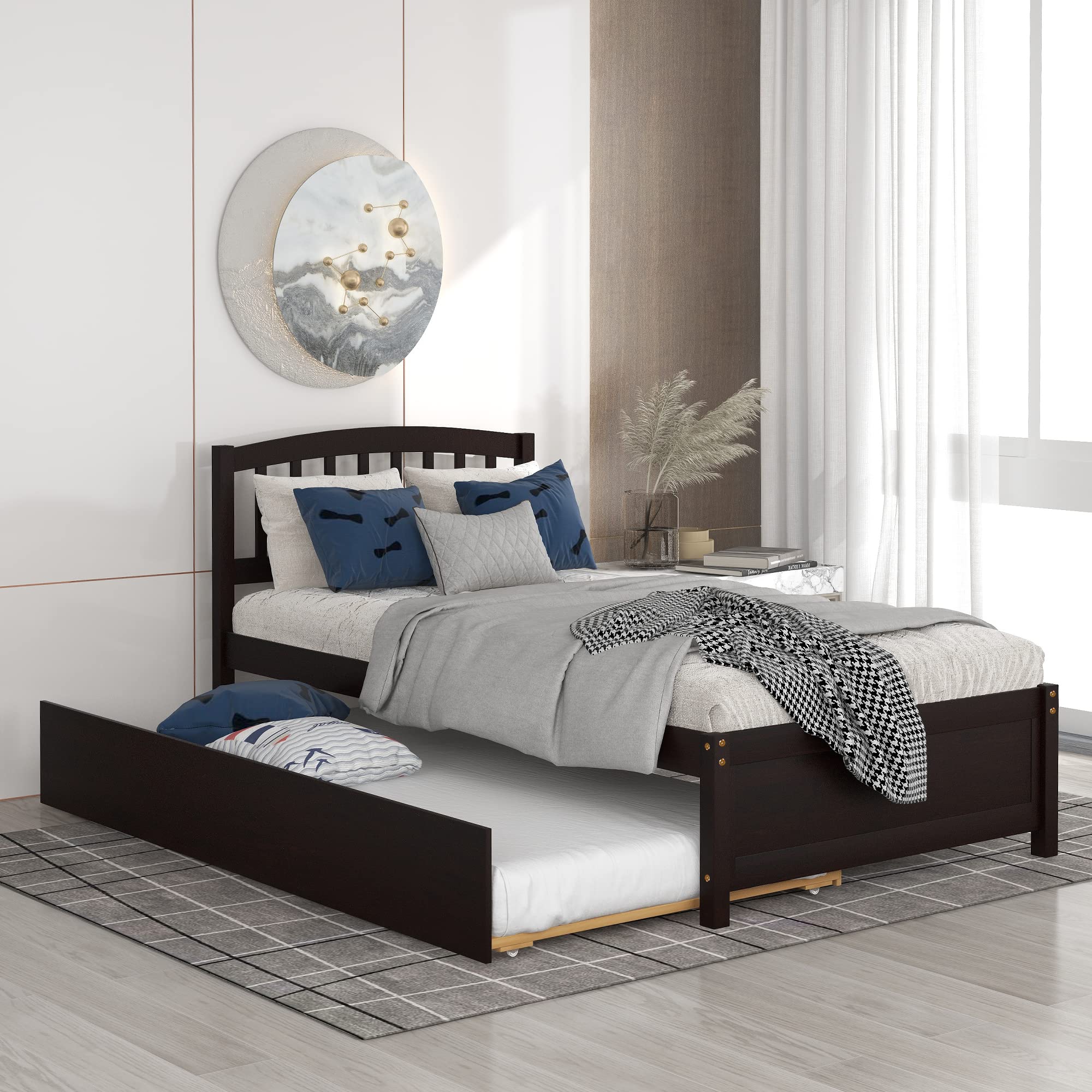 Harper & Bright Designs Twin Size Wooden Bed Frame with Pull Out Trundle - Solid Platform Bed with Headboard for Kids (Espresso) | Perfect for Small Bedrooms, Guest Rooms & Kids' Rooms