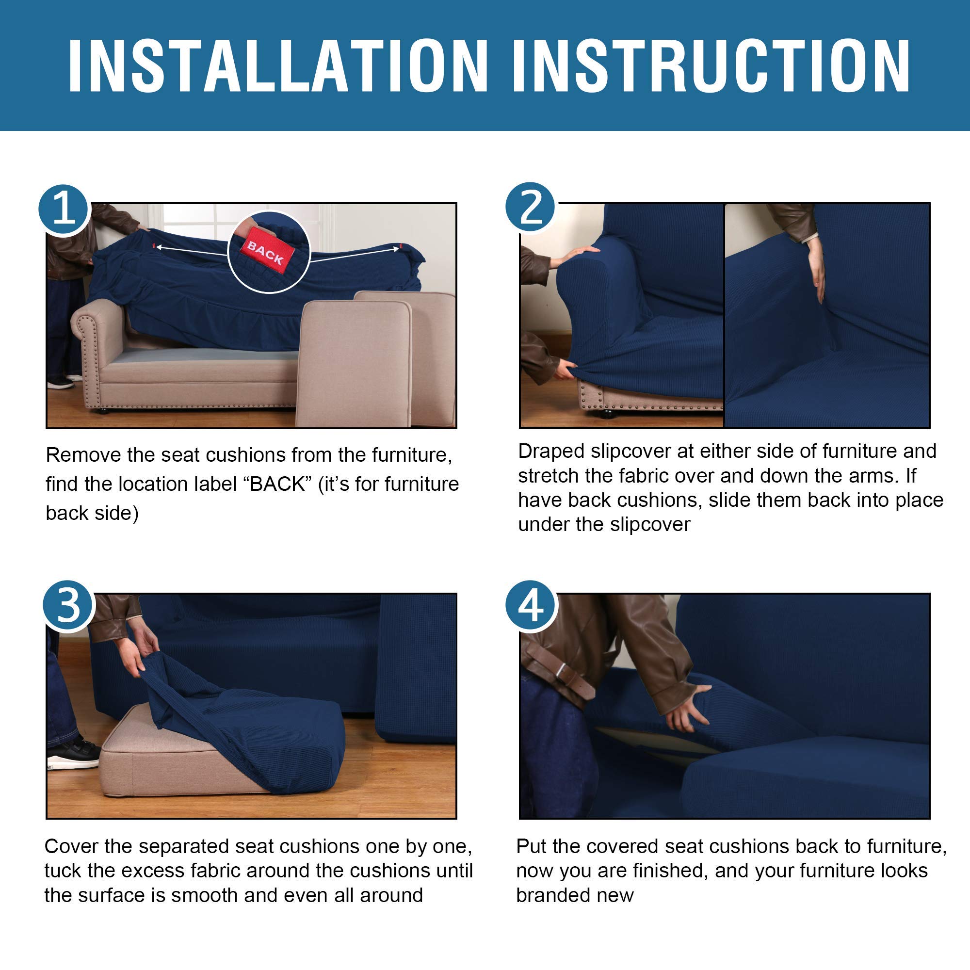 H.VERSAILTEX Navy Blue Sofa Cover Set - 3 Cushion Couch Protector & 2 Cushion Loveseat Slipcover - Stretchable Furniture Protector for Pets, Kids, Daily Use - Perfect for Living Room, Family Room, and Office
