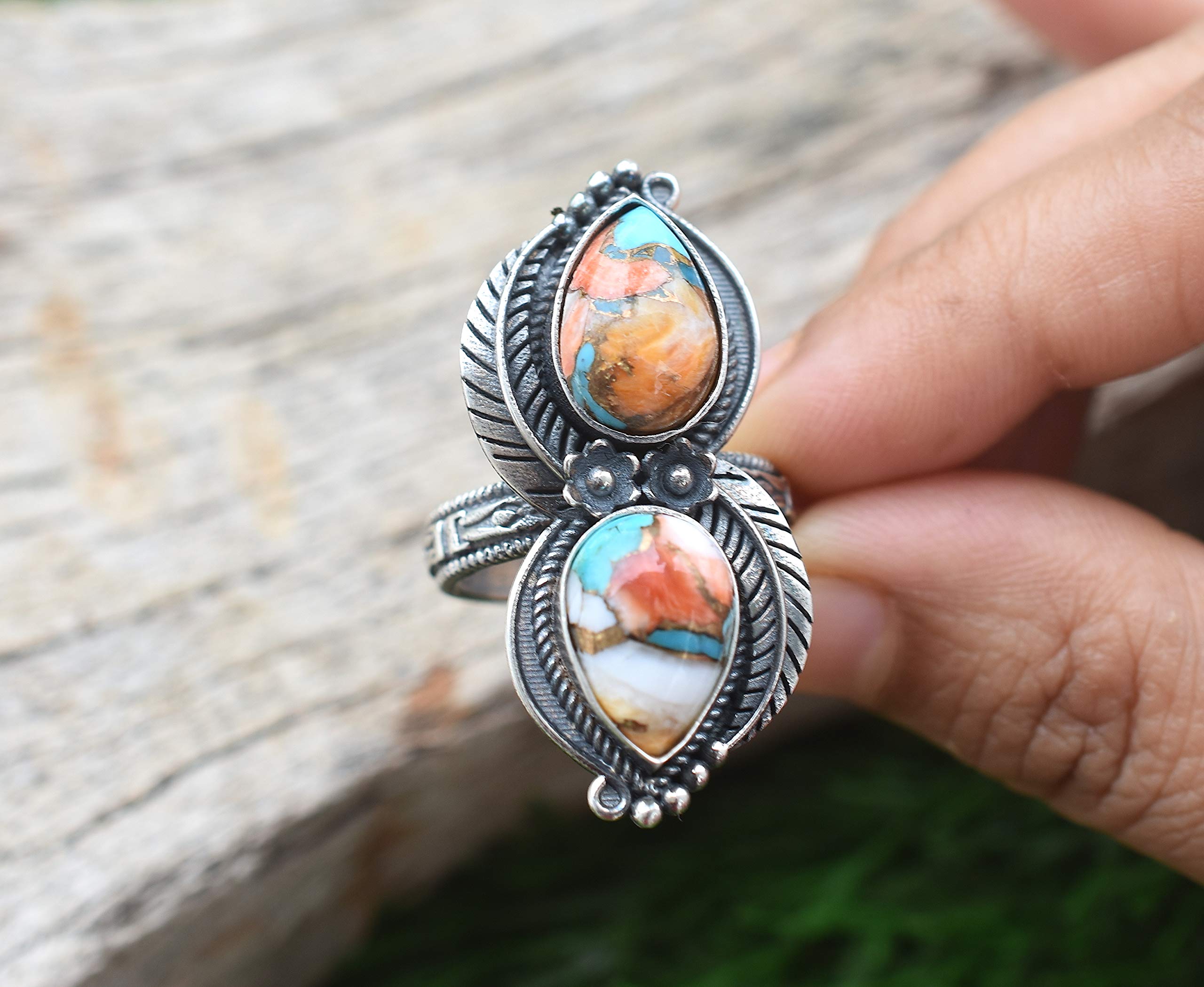 Vintage Handmade 925 Sterling Silver Oyster Copper Turquoise Ring - Boho Hippie Jewelry - Spiny Turquoise Birthstone Ring - Perfect Birthday Gift for Women - TQ-10 | Great for Festivals, Boho Fashion & Everyday Wear