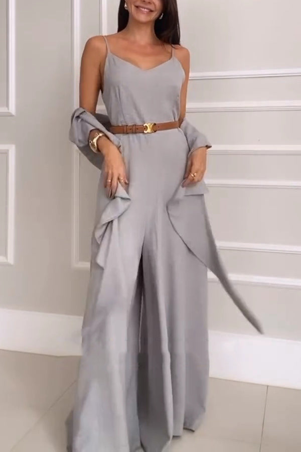 Stylish Solid Color V-Neck Suspenders Casual Wide Leg Jumpsuit with Shawl - Perfect for Office Wear, Date Night & Special Occasions
