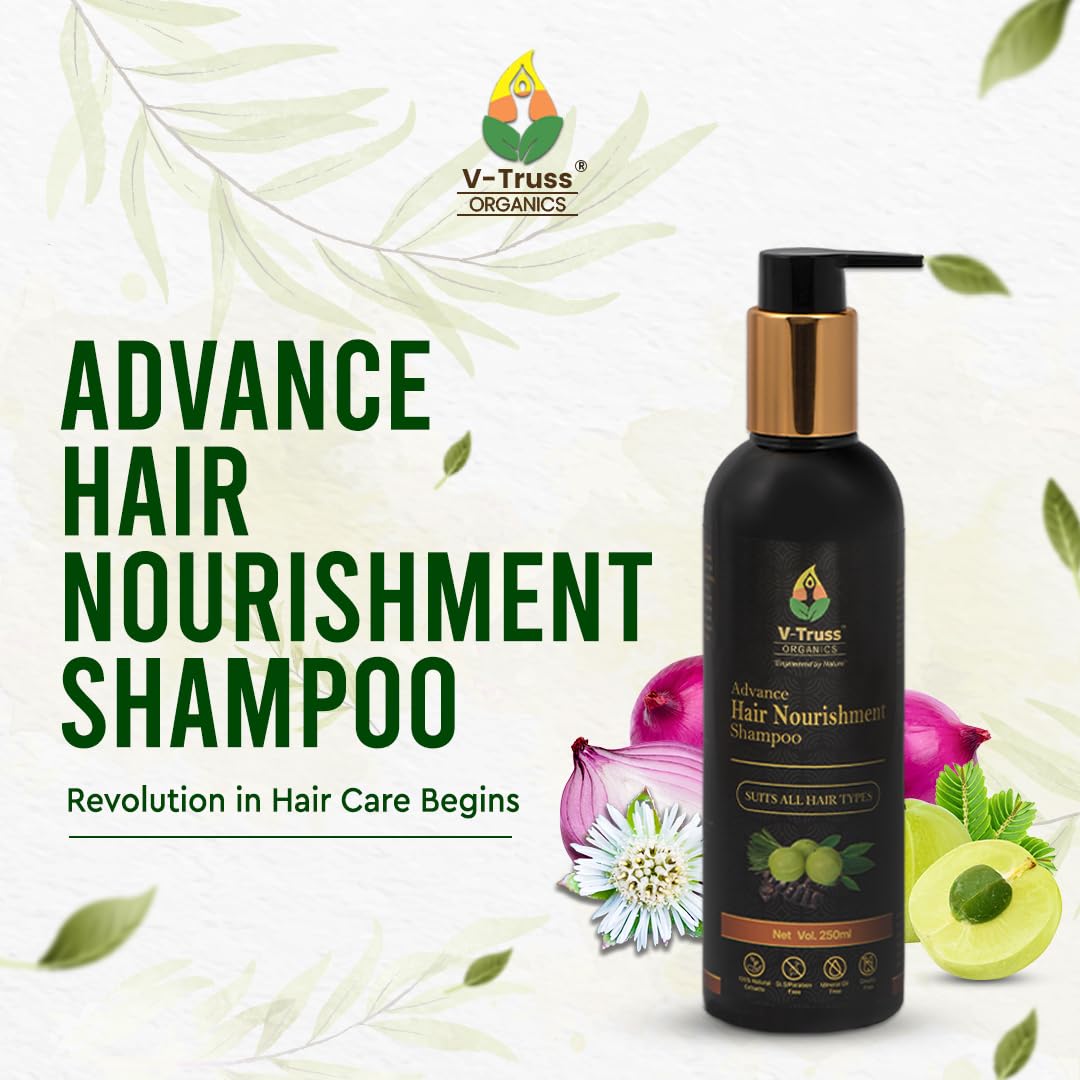 V-Truss Organics Natural Shampoo for Women & Men - Advanced Hair Nourishment, Daily Use Gentle Shampoo, Paraben & Sulfate Free (250ml) - Perfect for Dry, Damaged Hair & Scalp Care at Home or Salon
