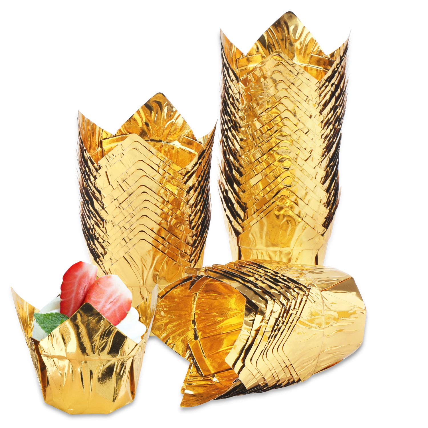 EUSOAR 50-Pack 3.5oz Disposable Gold Tulip Baking Cups - Aluminum Foil Muffin & Cupcake Liners for Baking, Party Desserts, and Home Cooking