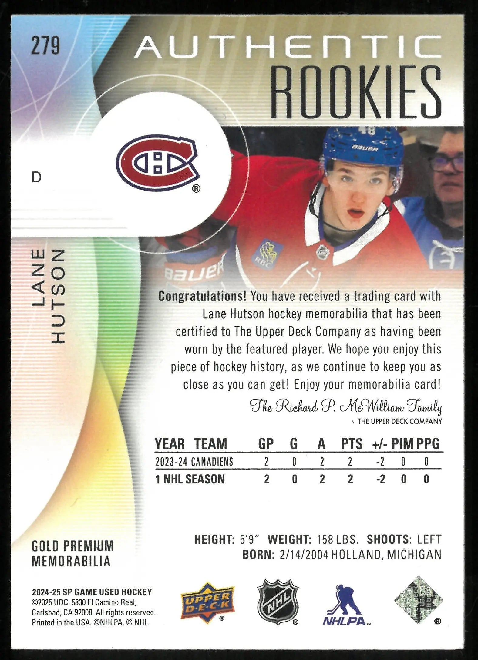 2024 Upper Deck SP Game Used Lane Hutson Authentic Rookie Gold Memorabilia Card /25 - Hockey Collectible for NHL Fans & Sports Memorabilia Enthusiasts