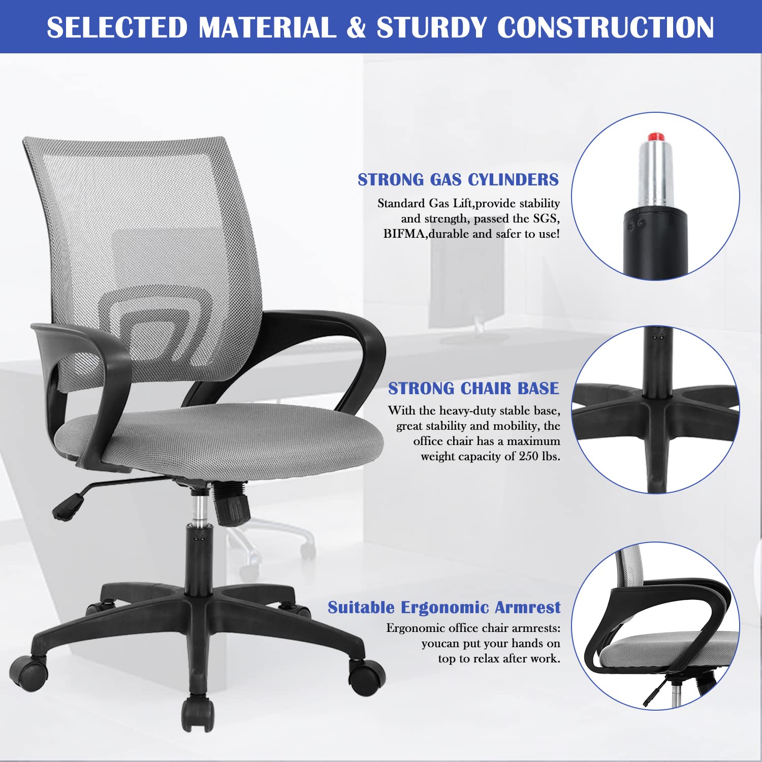 Ergonomic Office Chair with Mesh Back & Wheels - Adjustable Mid Back Computer Chair for Heavy People, Executive Swivel Desk Chair for Kids & Adults - Grey - Perfect for Home Office, Gaming & Study