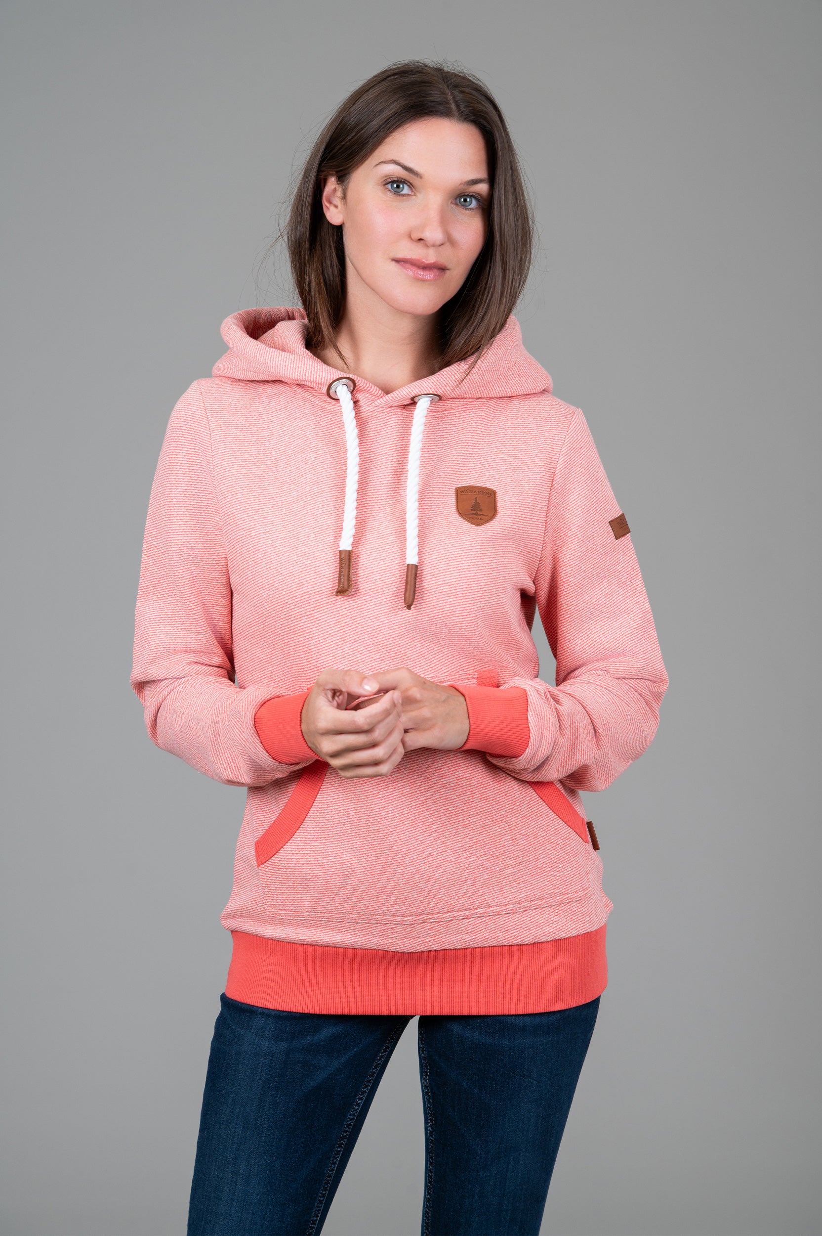 Corrie Coral Pink Microstripe Hoodie for Women - Soft Fleece Pullover with Kangaroo Pocket - Cozy Casual Loungewear for Fall & Winter